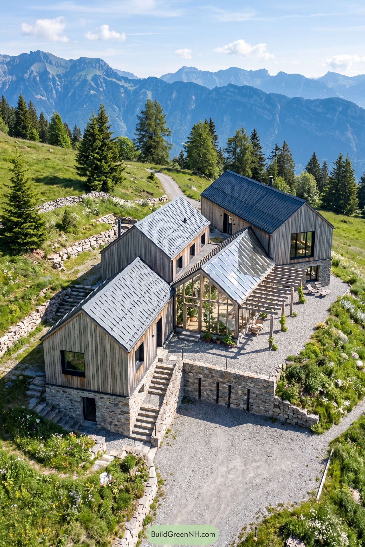 Timber barn home with glazed winter garden on an alpine hillside