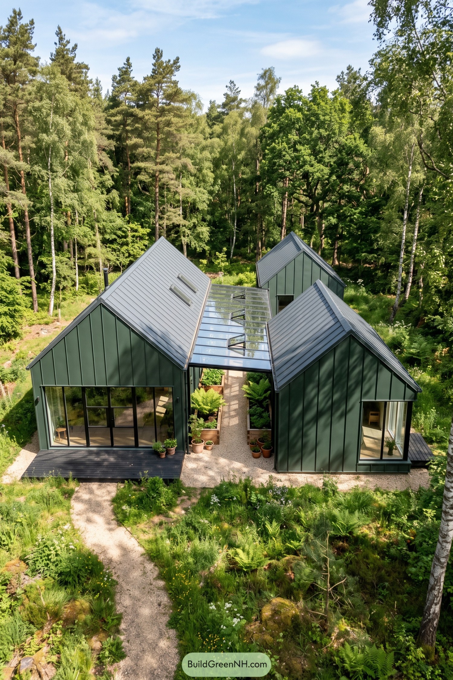 Green gabled barn house with glazed winter garden