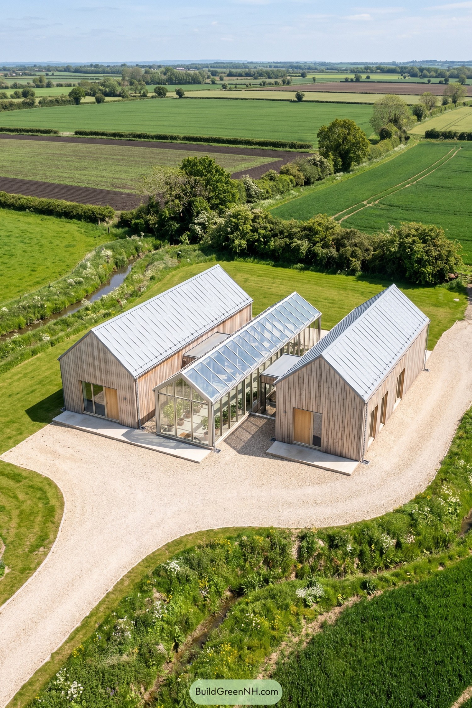 Twin timber barns joined by a glazed winter garden in open farmland