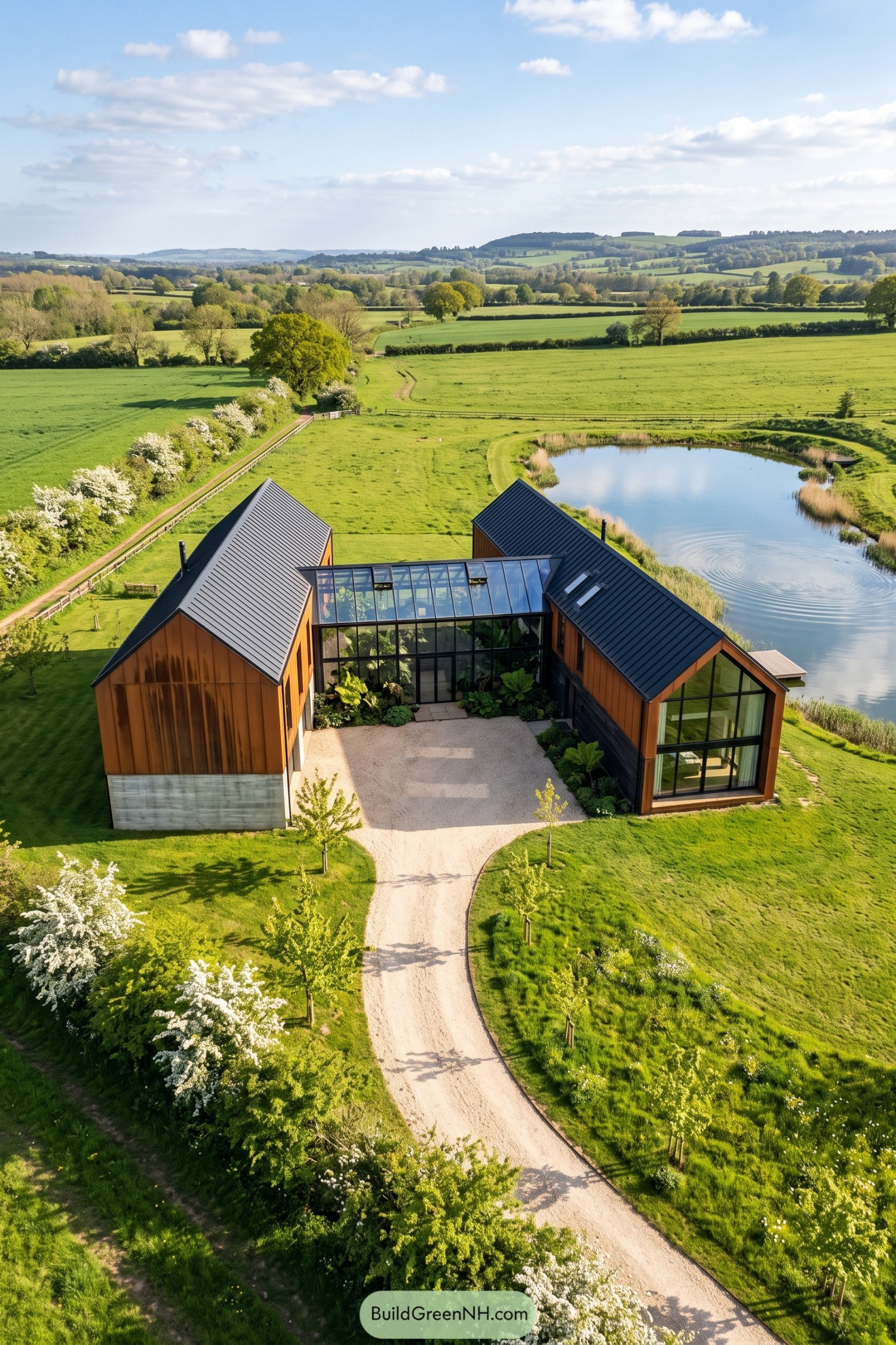 Twin cedar-clad barns linked by a glazed winter garden beside a pond