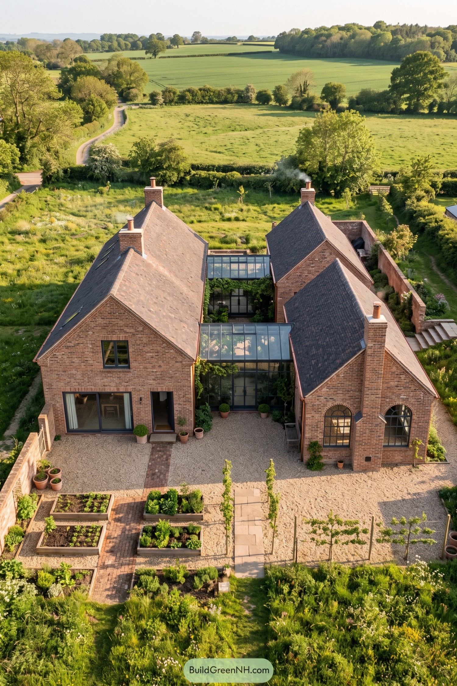 Brick gabled house with glazed courtyard conservatory