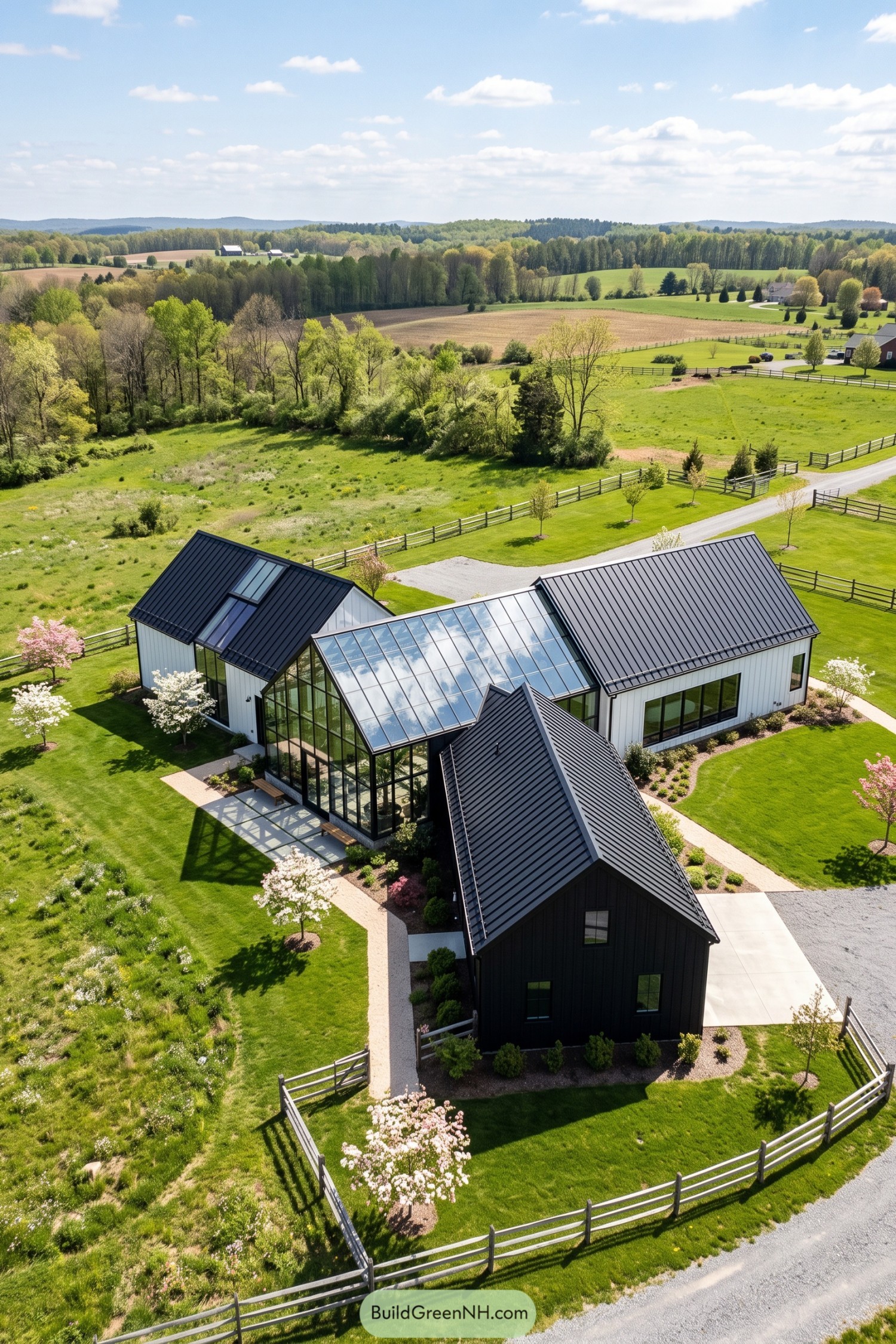 Modern barn home with glass winter garden
