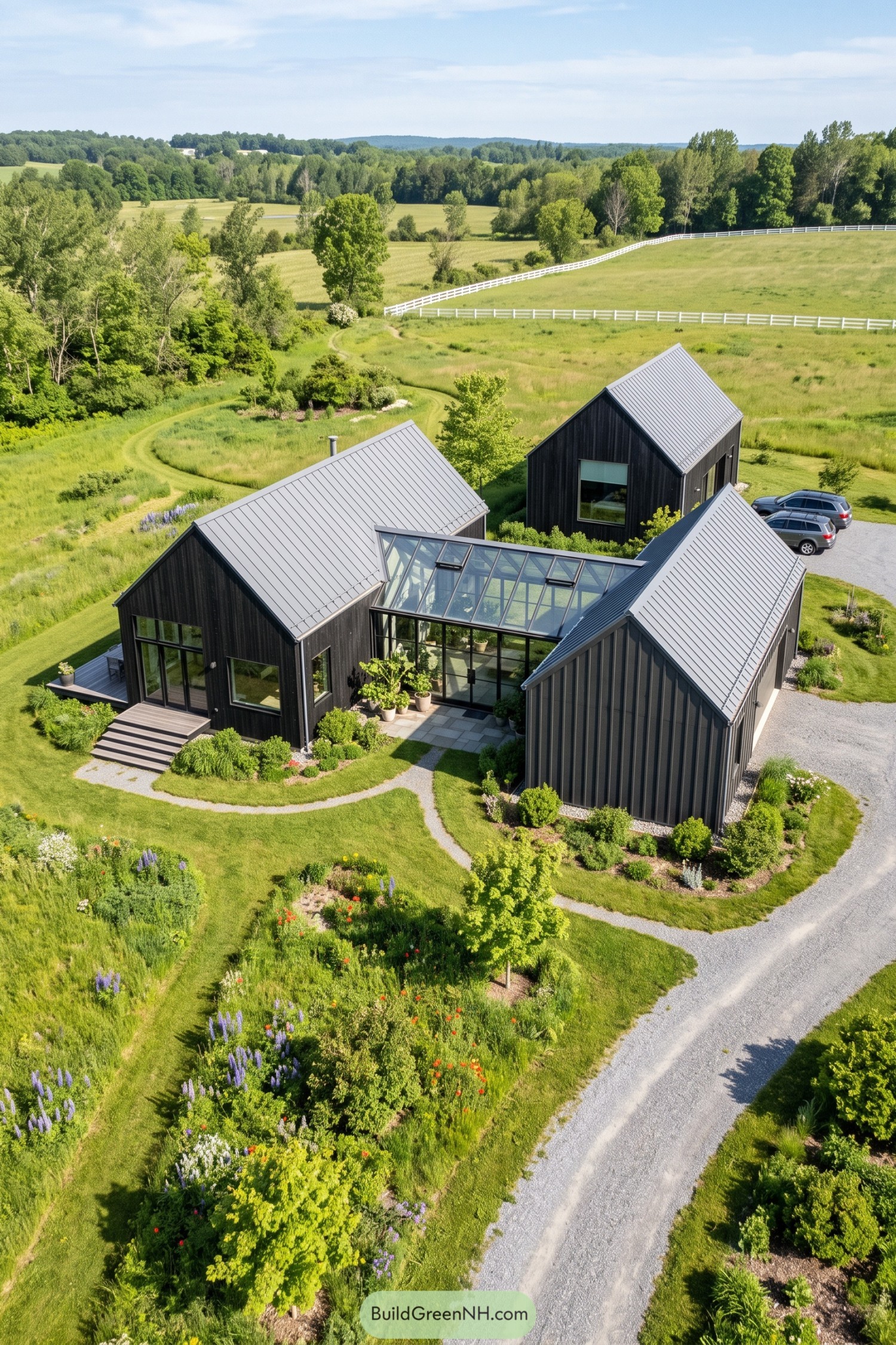 Three black gabled barns linked by a glass winter garden in a green meadow