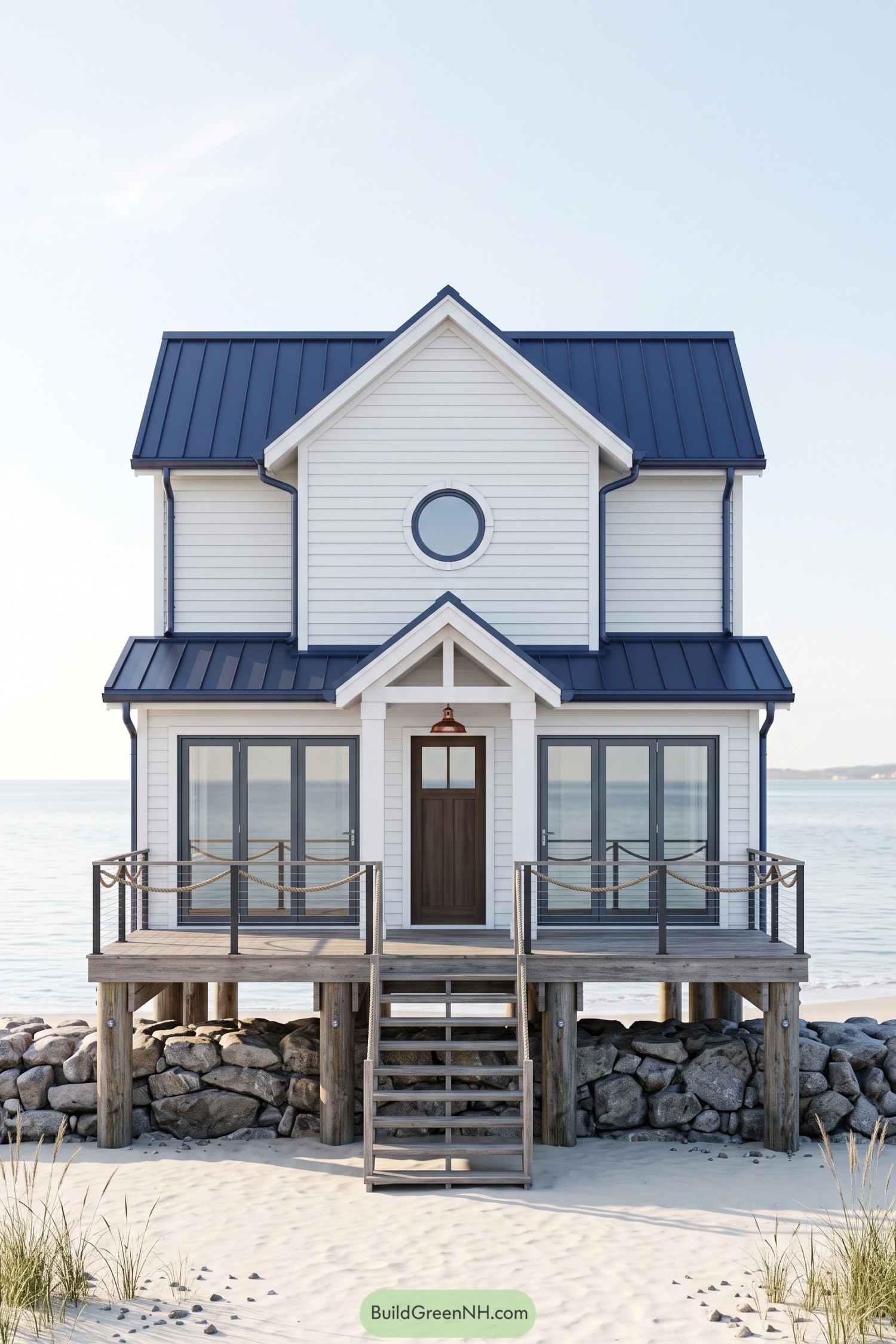 White beach house on timber stilts with navy metal roofs, a round window, and rope deck railings