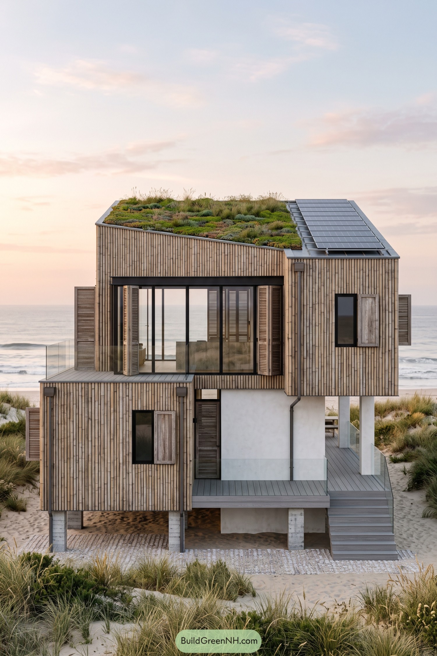 Elevated beach house with vertical wood cladding, a planted roof, solar panels, glass balconies, and broad exterior stairs