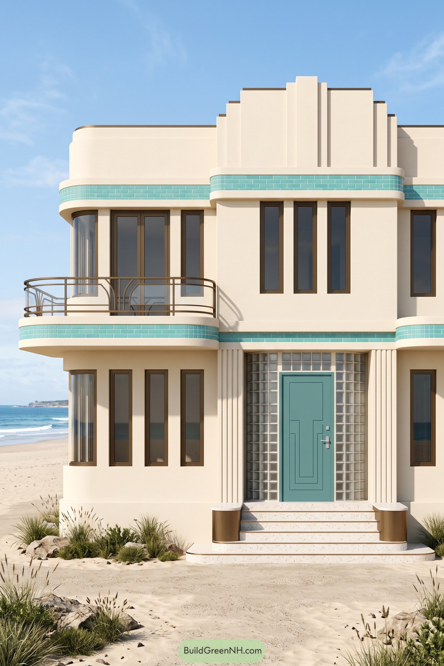Cream Art Deco beach house with turquoise tile bands, a curved balcony, and a glass block entrance