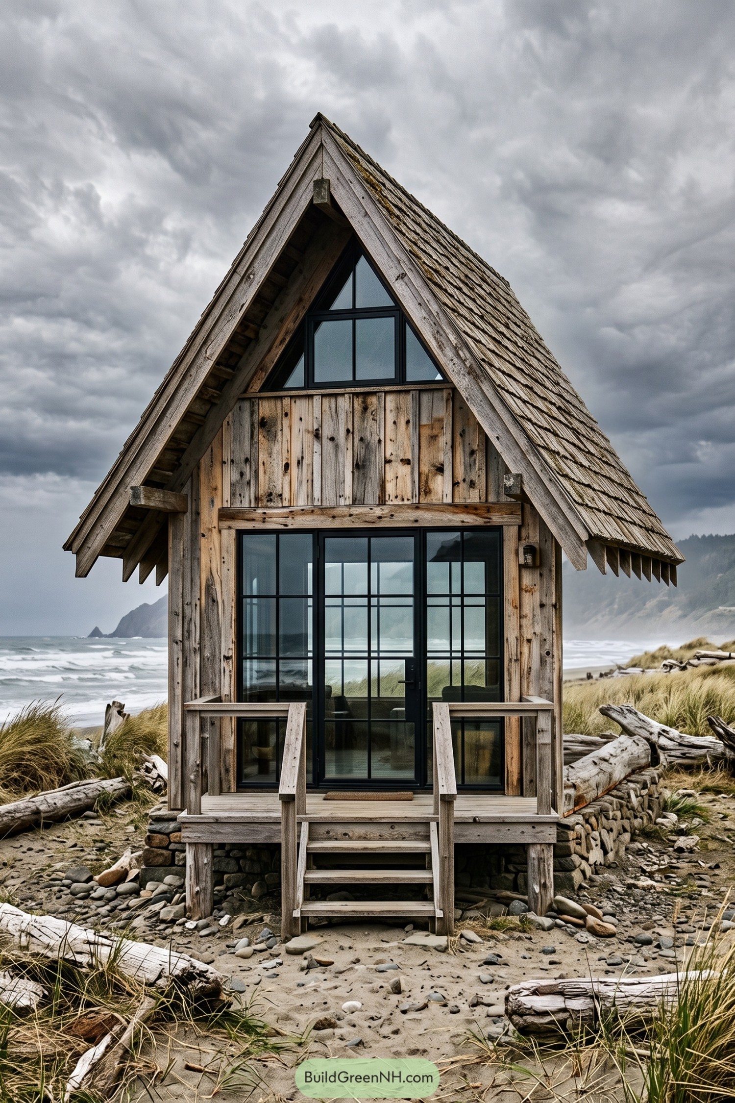 Narrow beach cabin with a steep shingled roof, weathered wood siding, black framed windows, and a small stepped porch