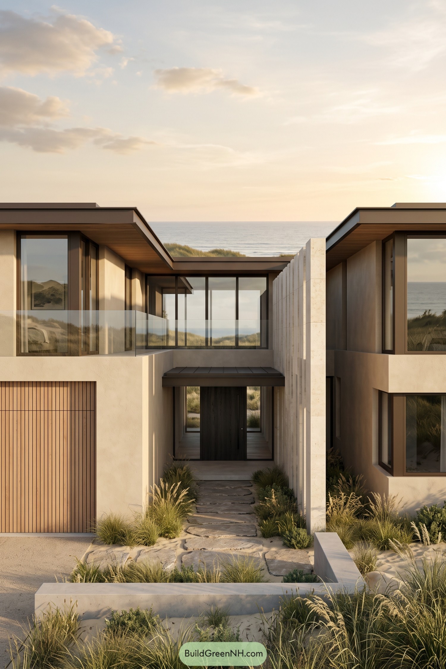 Modern beach house with flat roofs, pale vertical fins, glass balconies, and a stone path to a recessed entrance