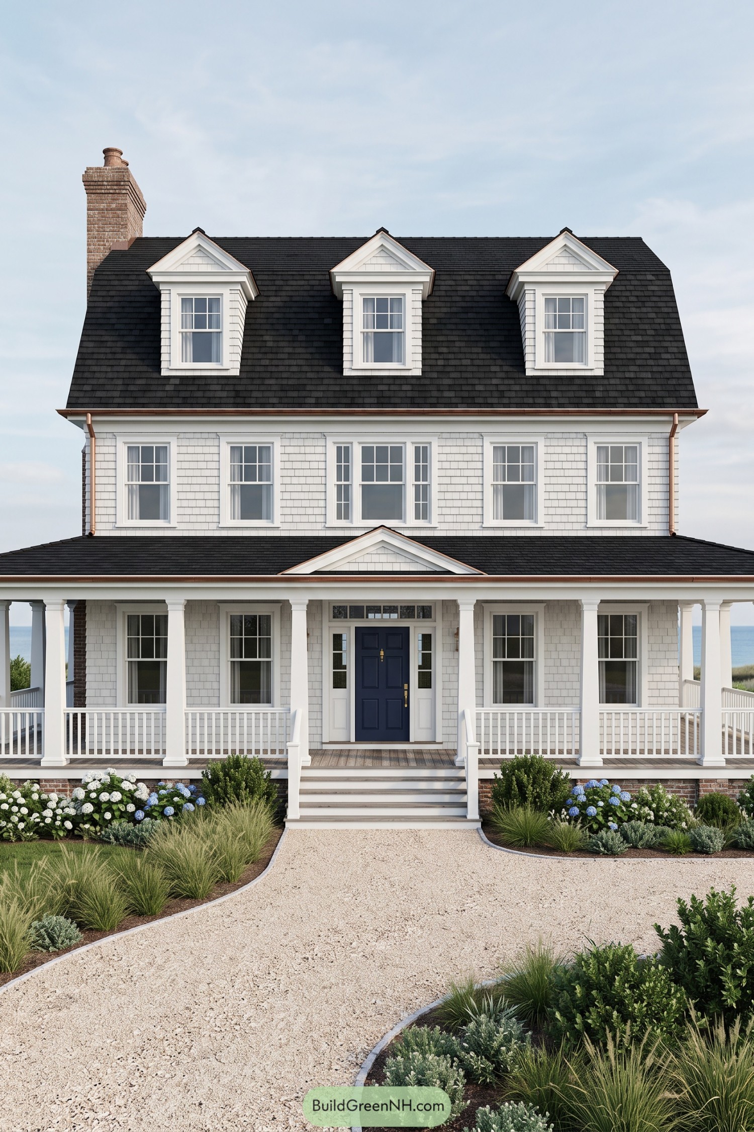 White shingled beach house with three dormers, a navy front door, a columned porch, and hydrangea borders