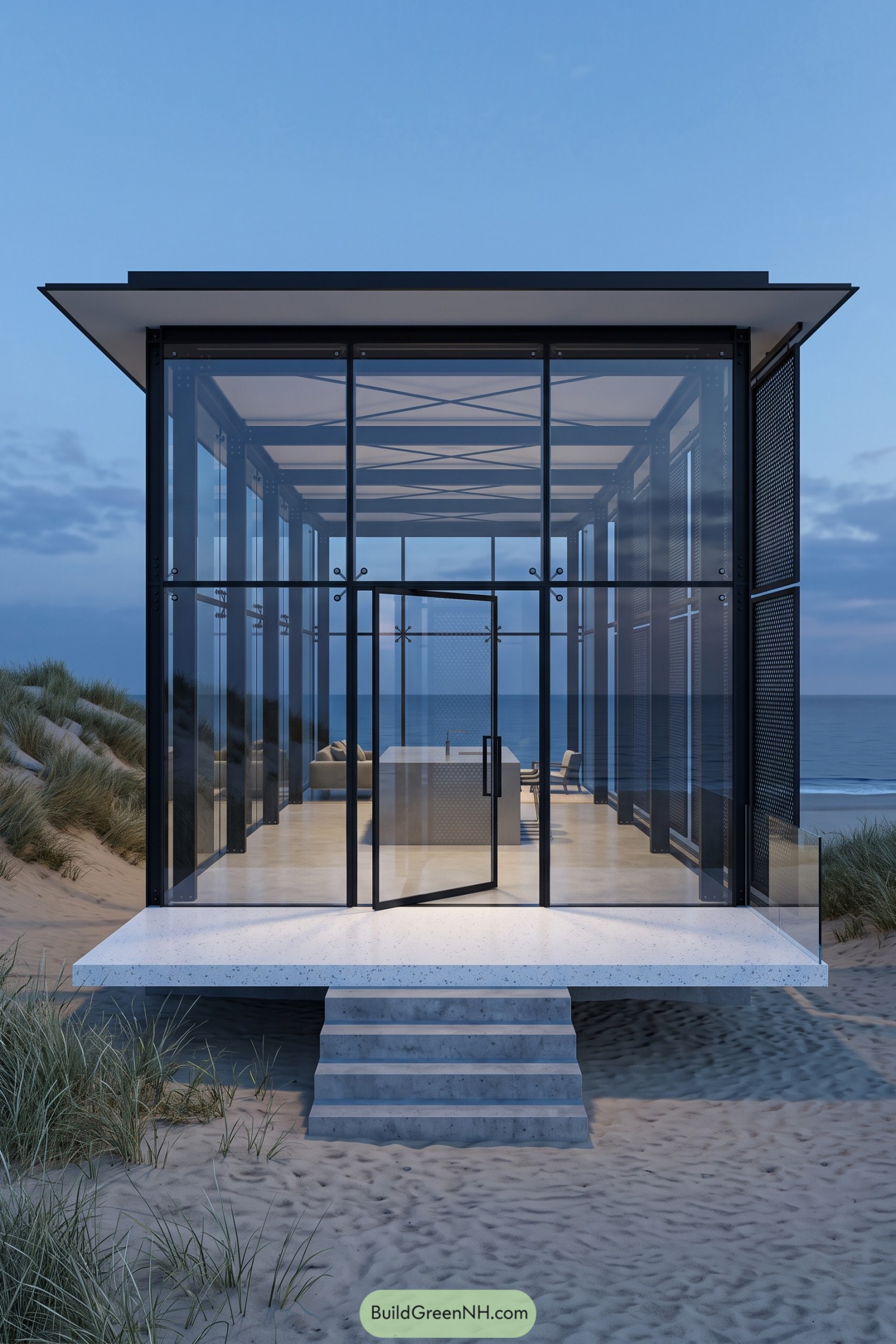 Glass beach house with exposed steel framing, a flat overhanging roof, concrete steps, and perforated side screens