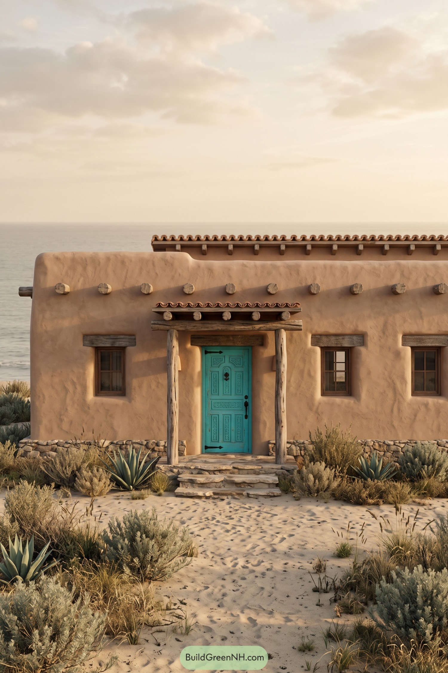 Beach house with sandy stucco walls a carved turquoise door rustic timber porch and stone steps surrounded by coastal planting