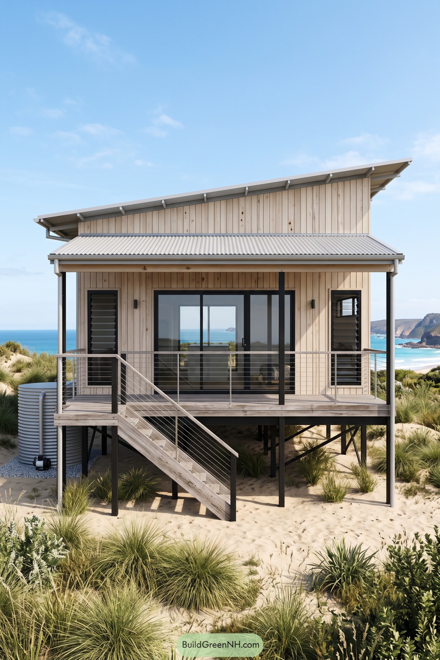 Timber beach house on dark stilts with a sloping roof, louvered windows, covered deck and cable railings