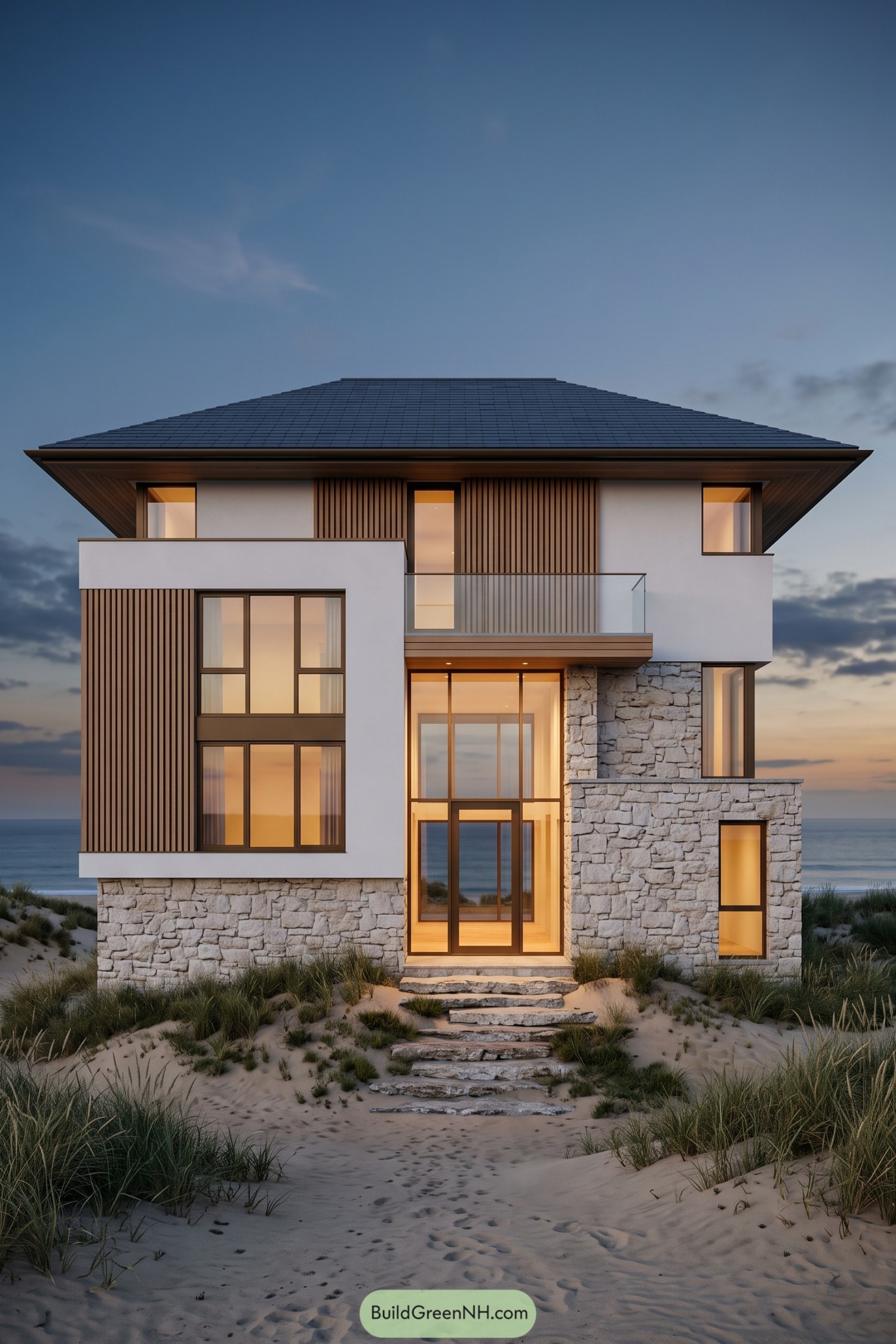 Beach house with a broad hipped roof white wall frames timber slats and rough stonework beside sandy dunes
