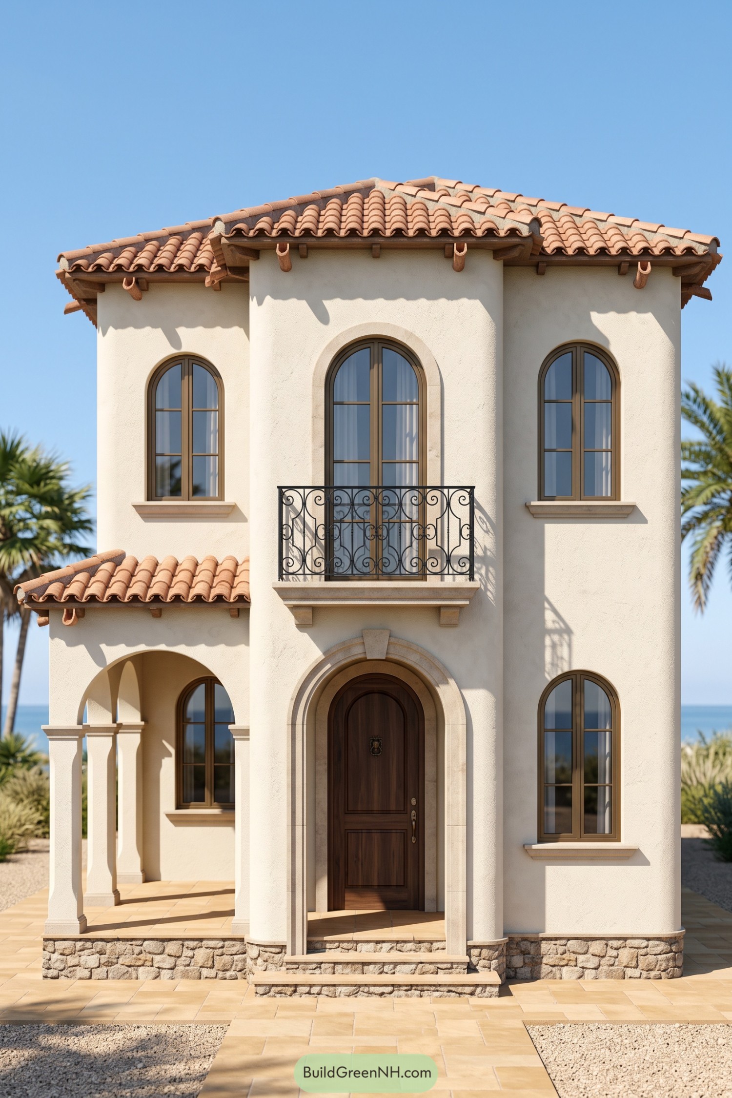 Mediterranean beach house with cream stucco walls, terracotta roofs, arched windows, and an ornate iron balcony
