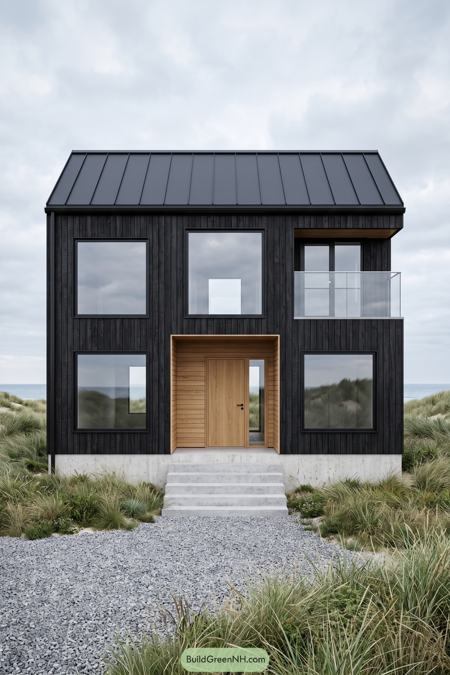Two-story beach house with charcoal vertical siding, a recessed wood entrance, large windows, and a glass balcony