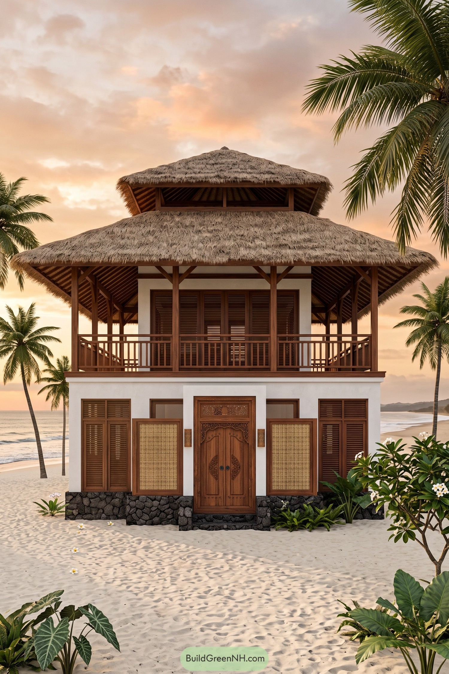 Two-story beach house with tiered thatched roofs, a timber balcony, carved double doors, and a dark stone base
