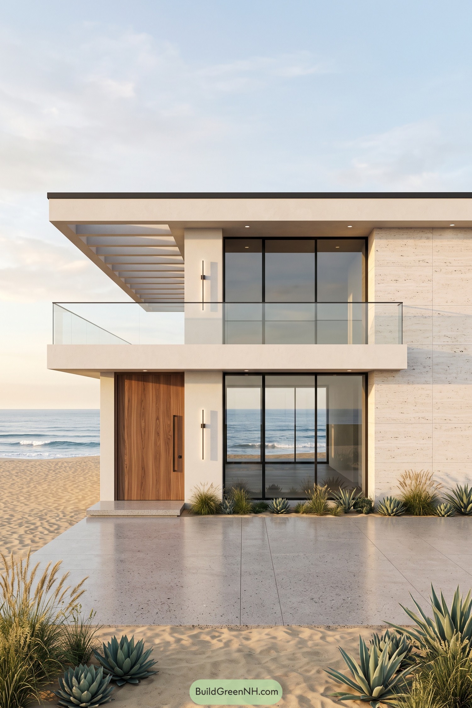 Modern two story beach house with cream walls, stone cladding, a glass balcony, timber door, and agave landscaping
