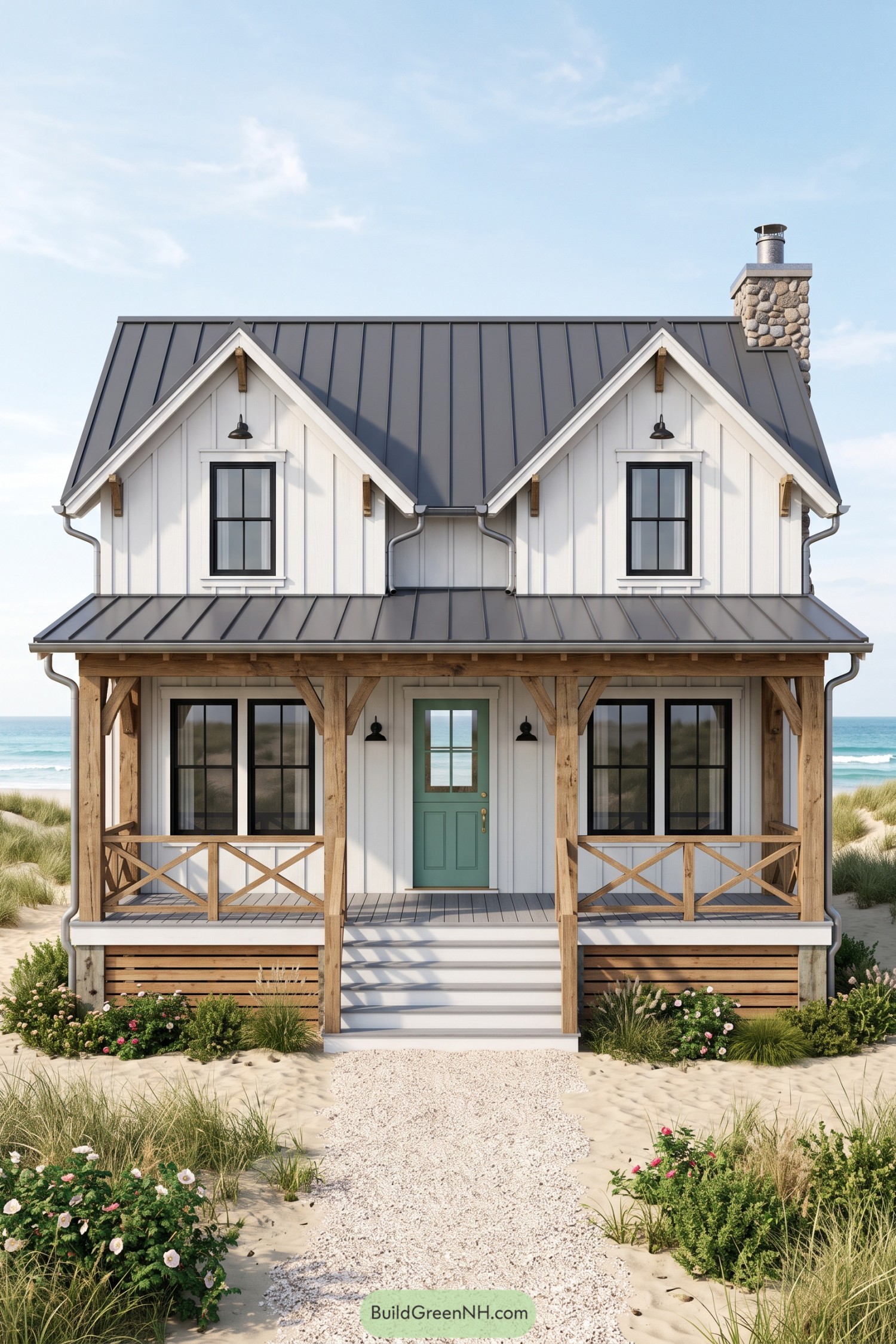 White beach cottage with a green front door, timber porch, crossbuck railings, and a dark metal roof