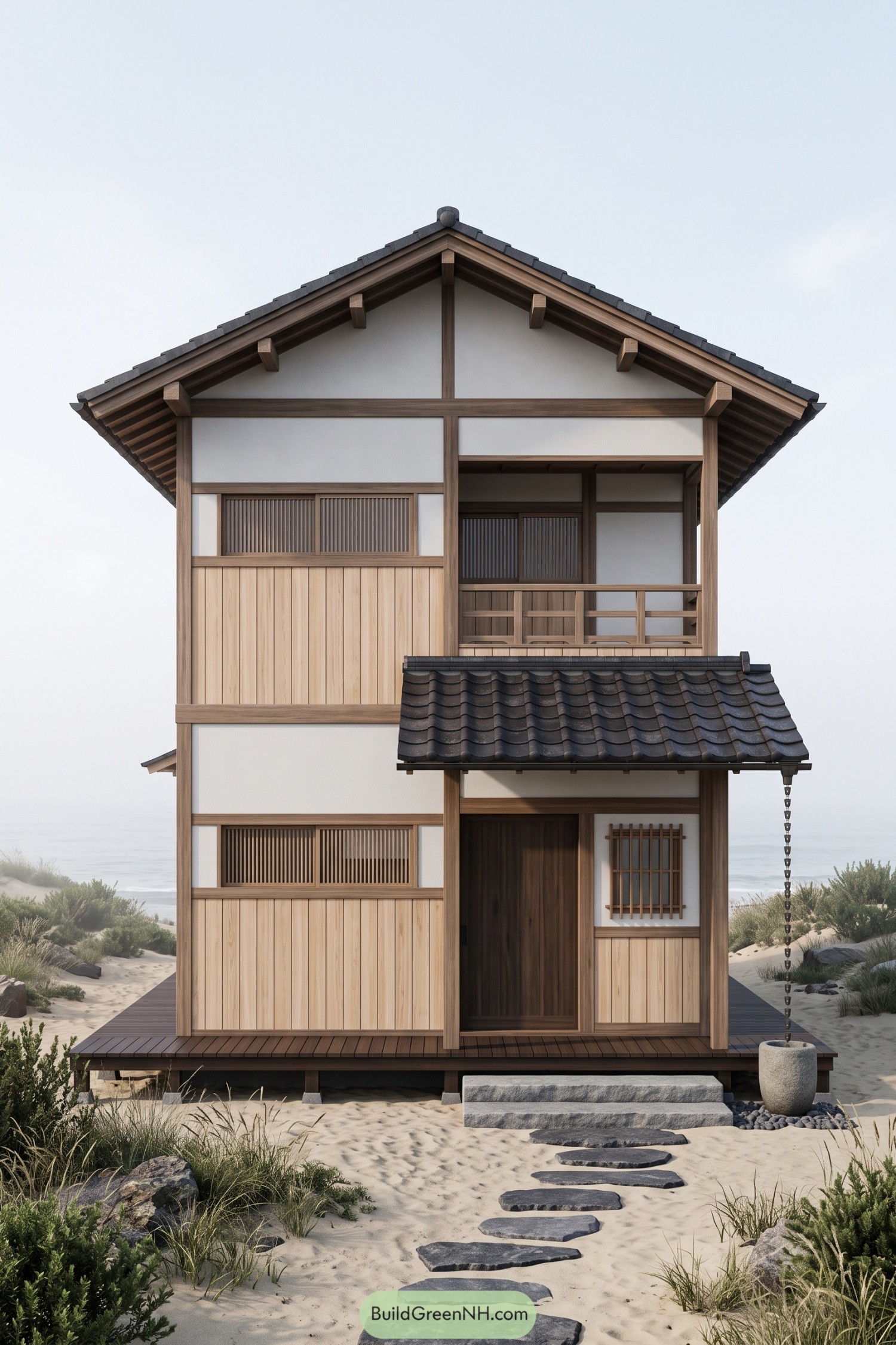 Japanese inspired beach house with timber framing, white wall panels, dark tiled roofs, and a recessed upper balcony