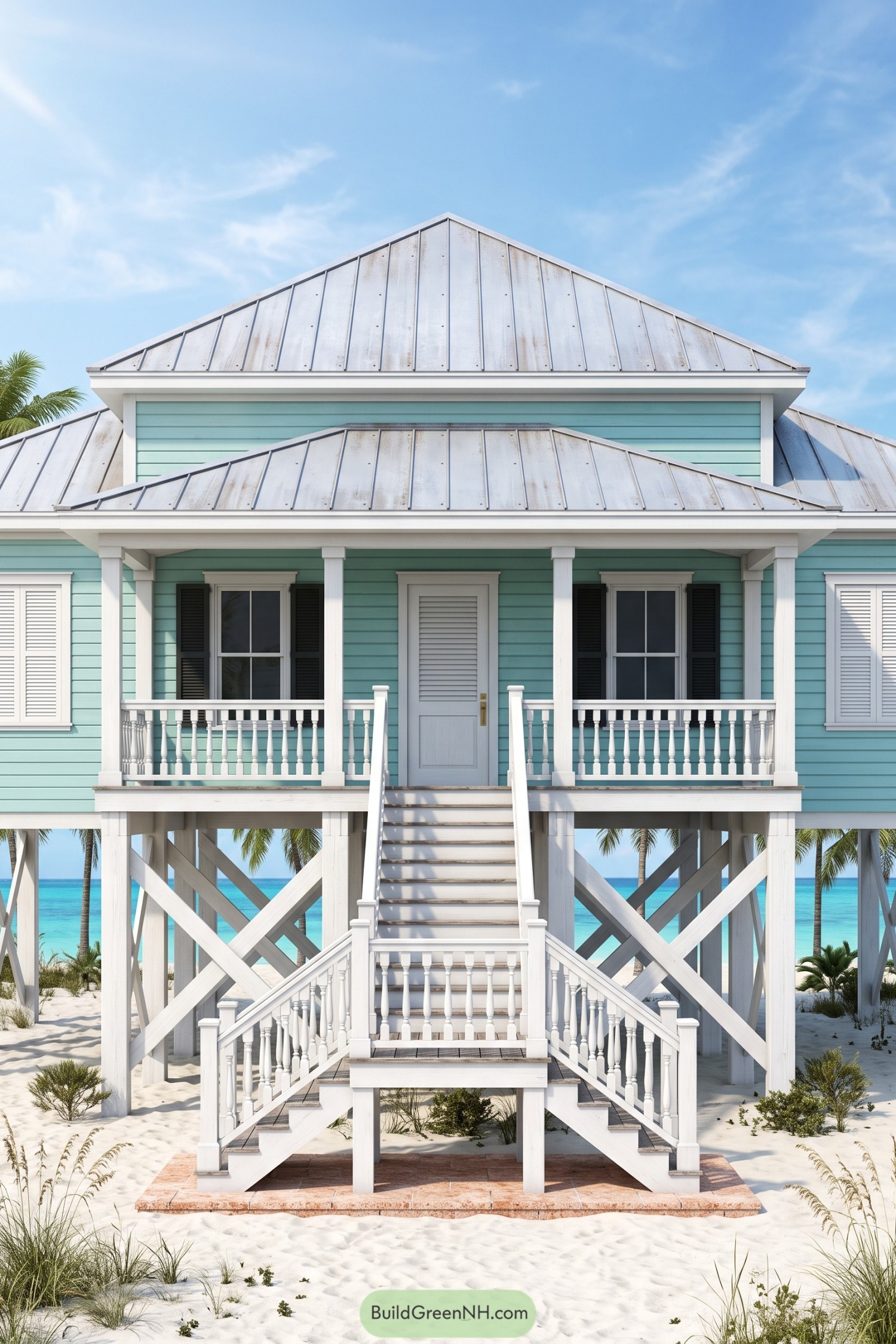 Seafoam beach house on tall white posts with split entry stairs, a covered porch, and silver metal roofs
