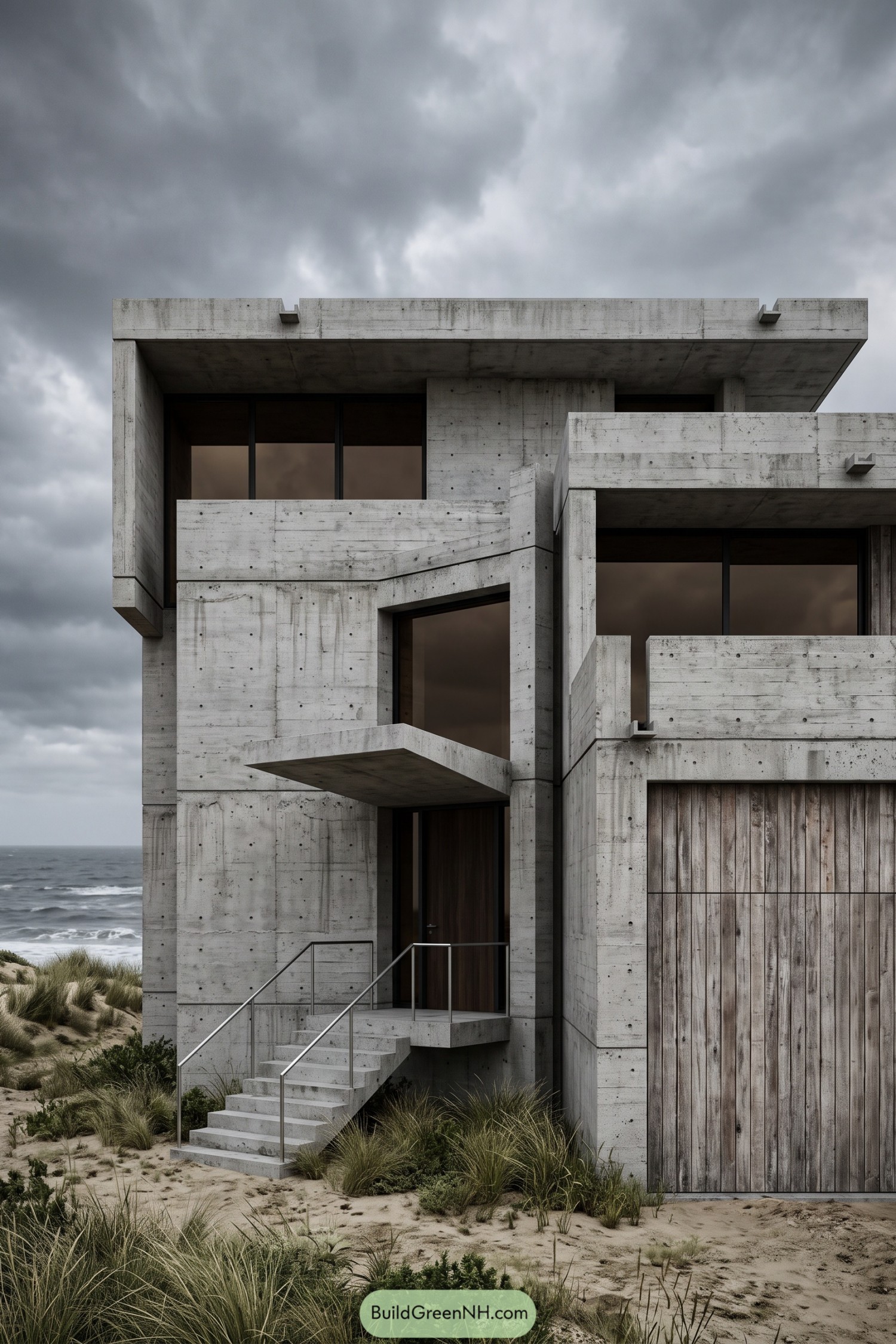 Concrete beach house with deep balconies, dark framed windows, timber doors, and exterior stairs rising from sandy dunes