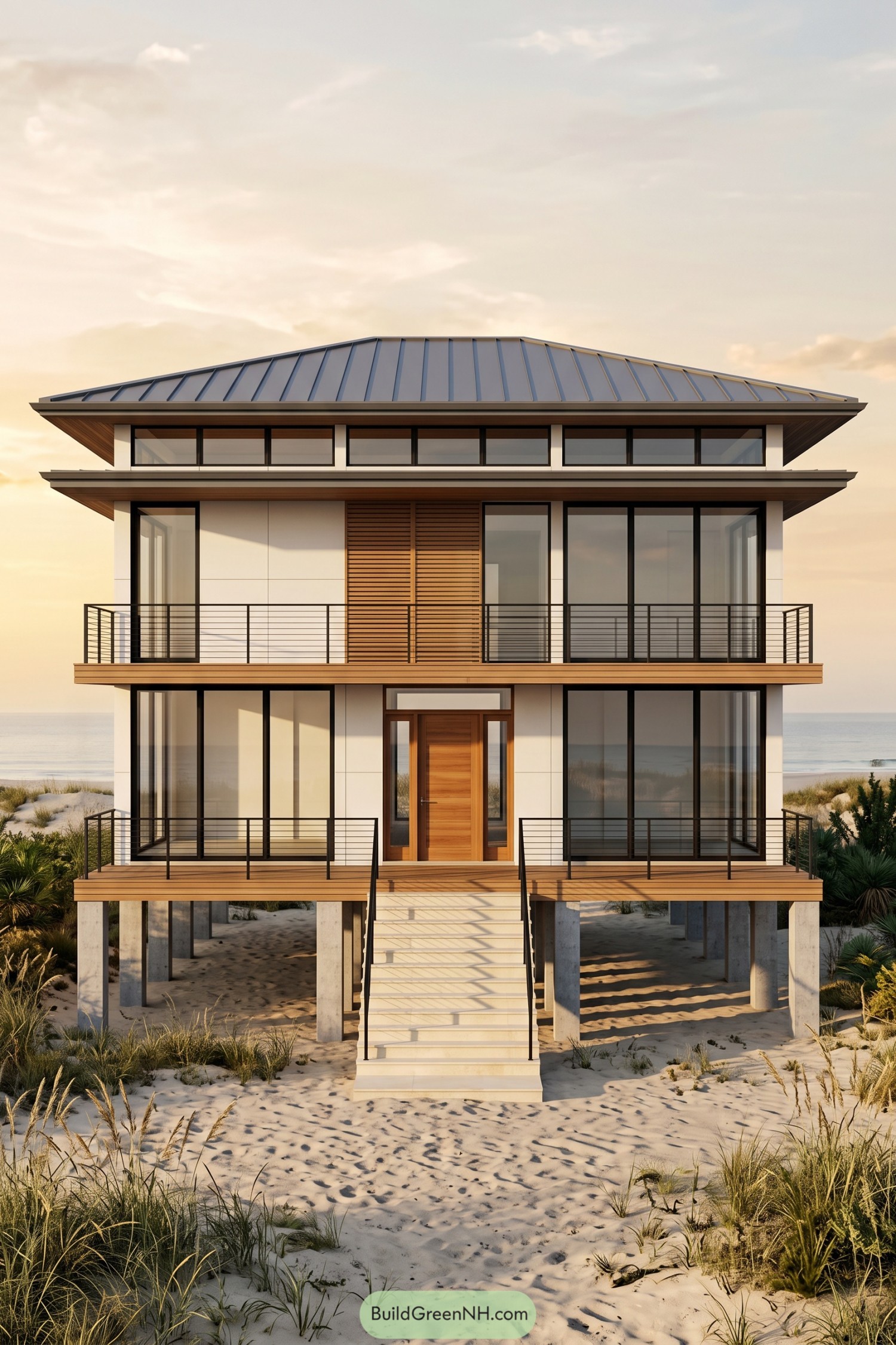 Two story beach house on concrete piers with timber decks, black railings, tall windows, and a broad metal roof