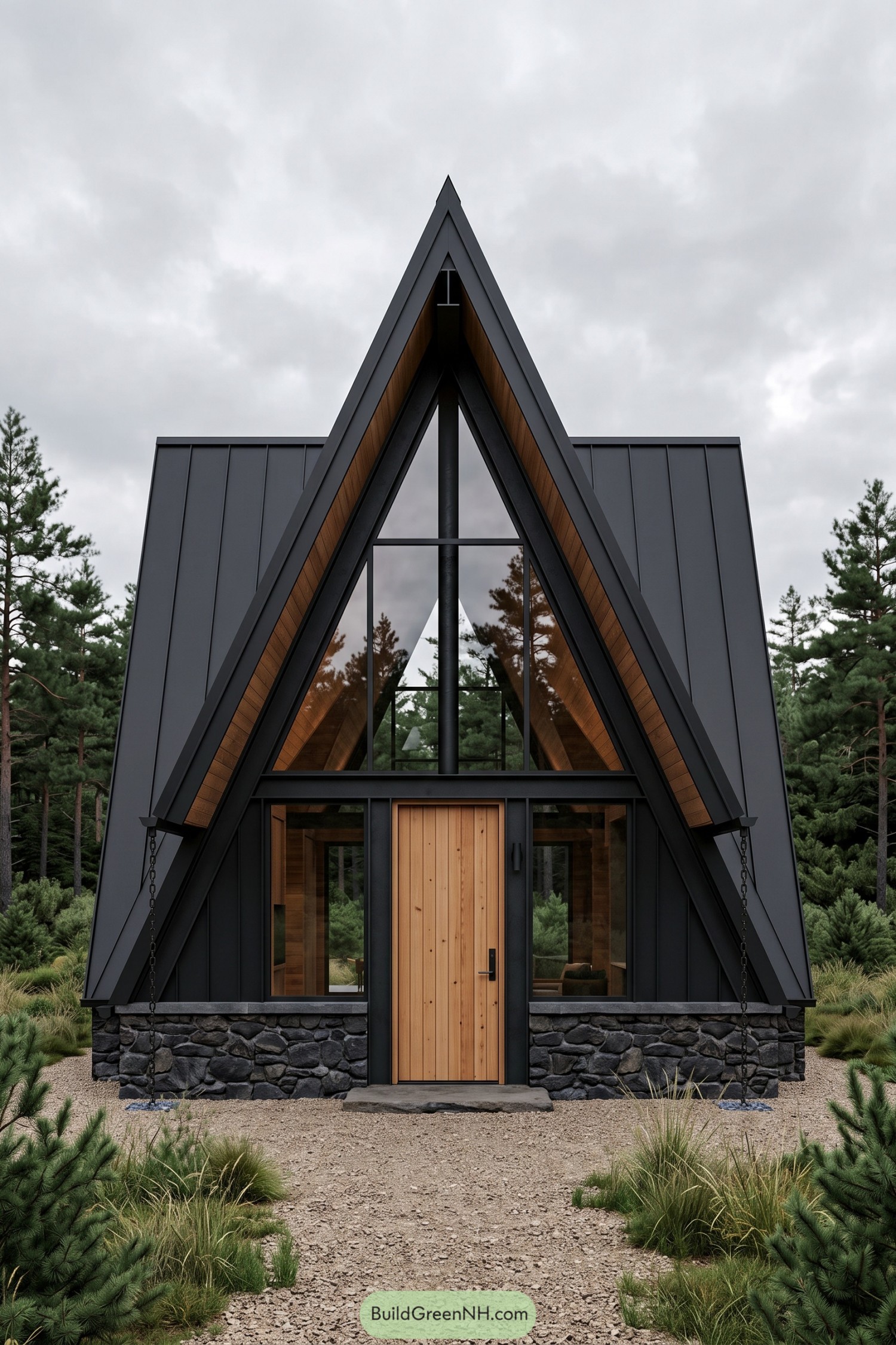 Black A-frame house with triangular glazing, timber trim, a wooden front door and a rough stone base