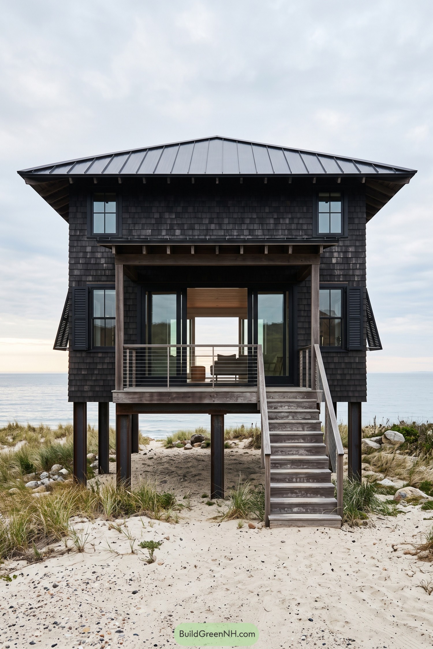 Black shingle beach house on stilts with a metal roof, timber porch, and stairs rising from sandy dunes