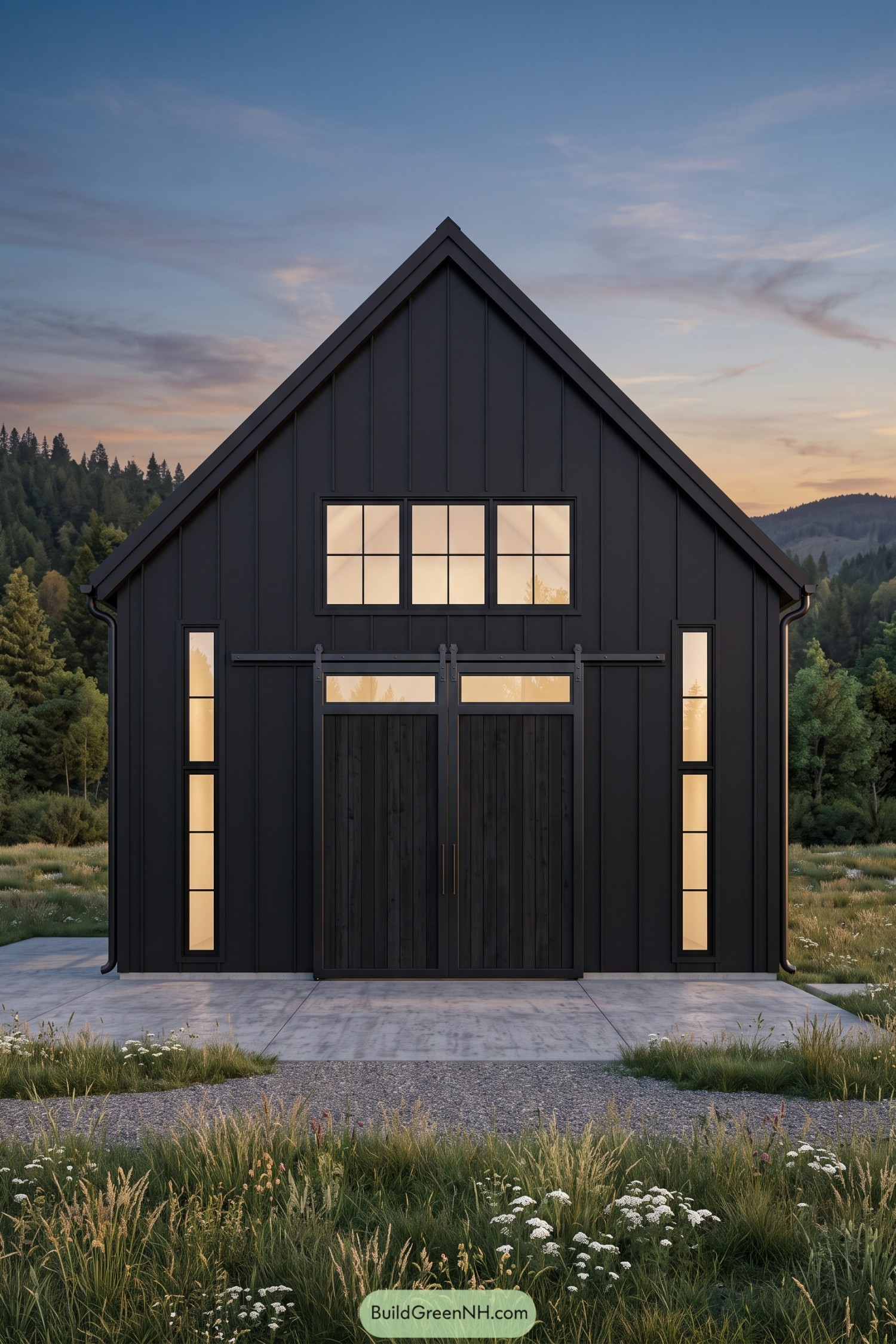 Black barn style house with a steep gable roof sliding double doors and tall narrow windows beside a meadow