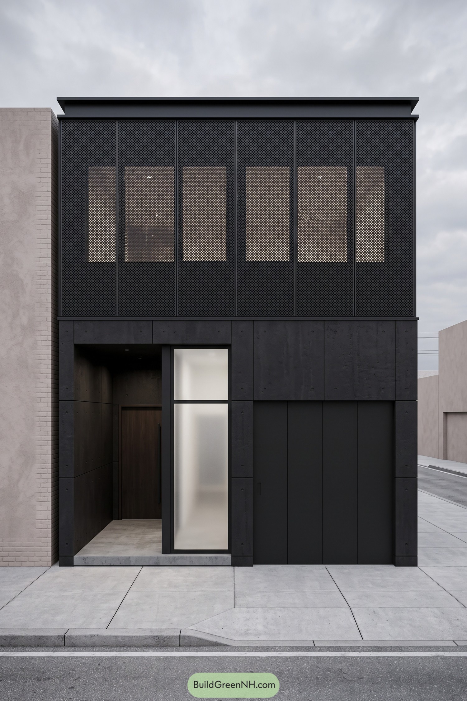 Narrow black house with perforated upper screens charcoal wall panels and a recessed timber entrance beside tall frosted glass