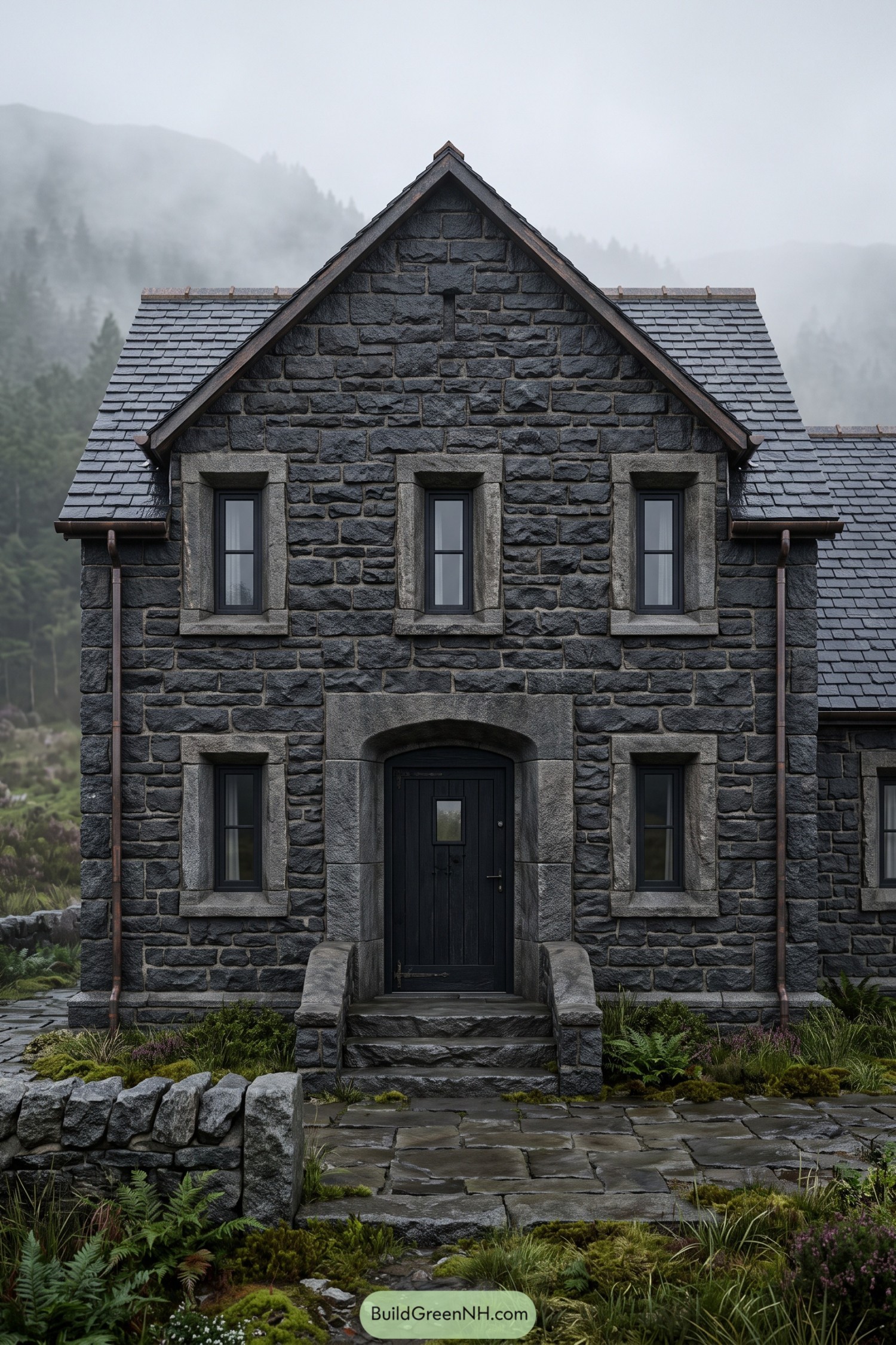 Black stone house with a steep slate roof narrow windows and an arched entrance framed by grey masonry
