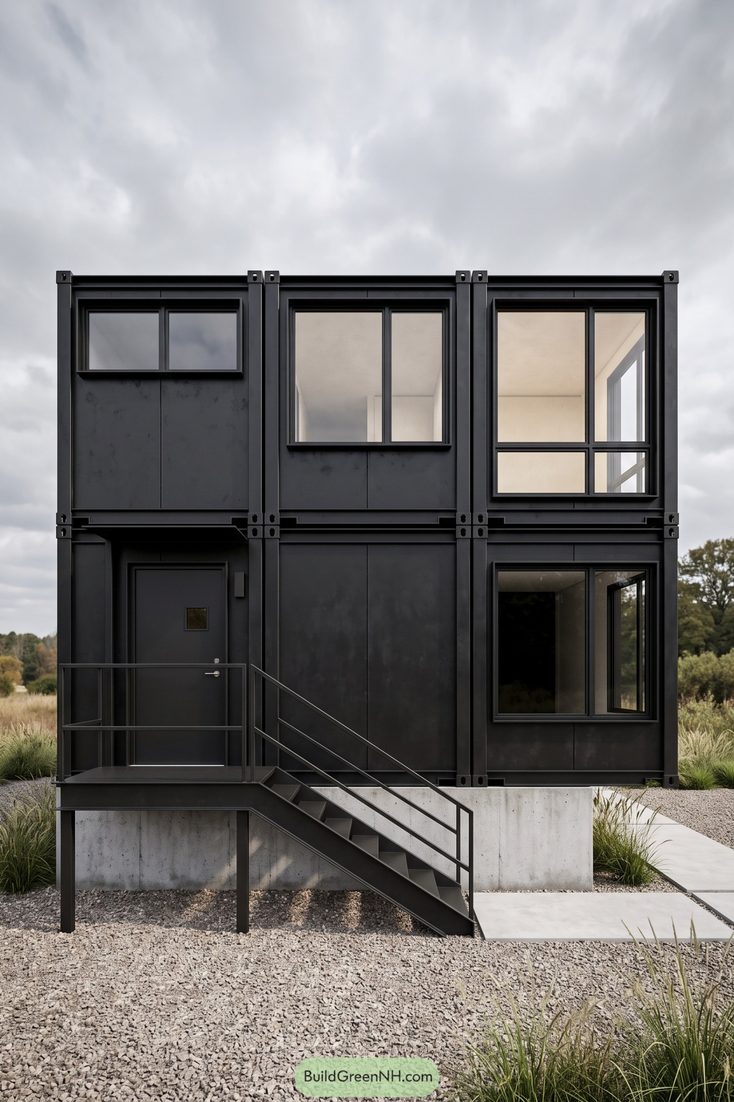 Two story black modular house with exposed steel framing, varied windows, and an exterior staircase above a concrete base
