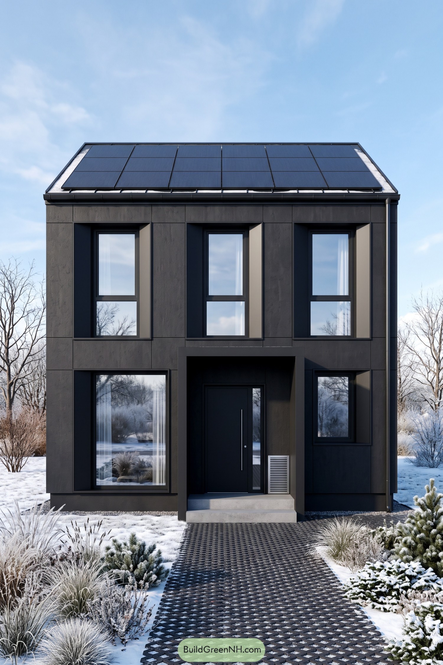 Two-story black house with rooftop solar panels, deeply recessed windows, and a framed entrance beside snowy planting beds