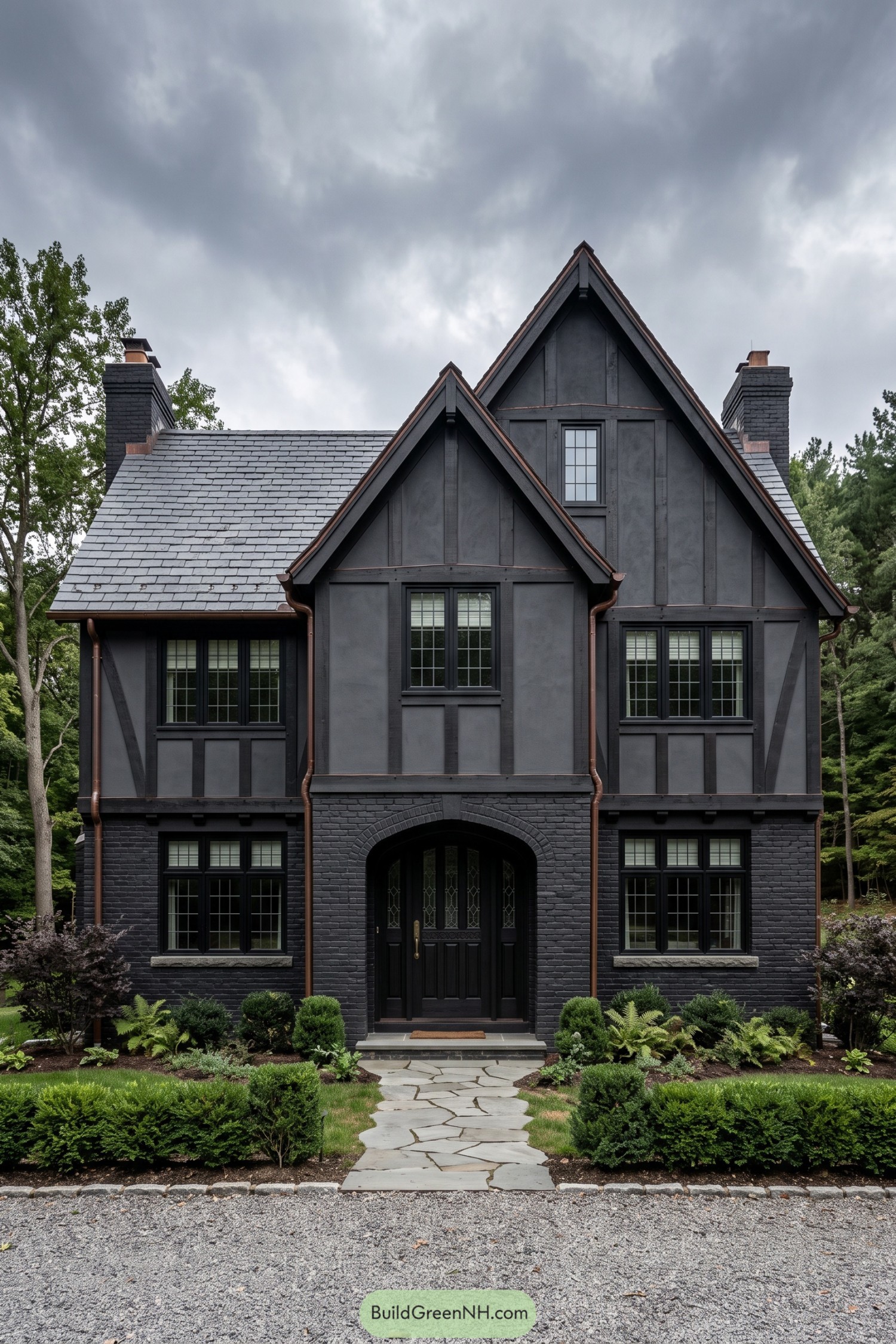 Black Tudor house with steep gables, copper gutters, an arched brick entrance, and a landscaped stone path
