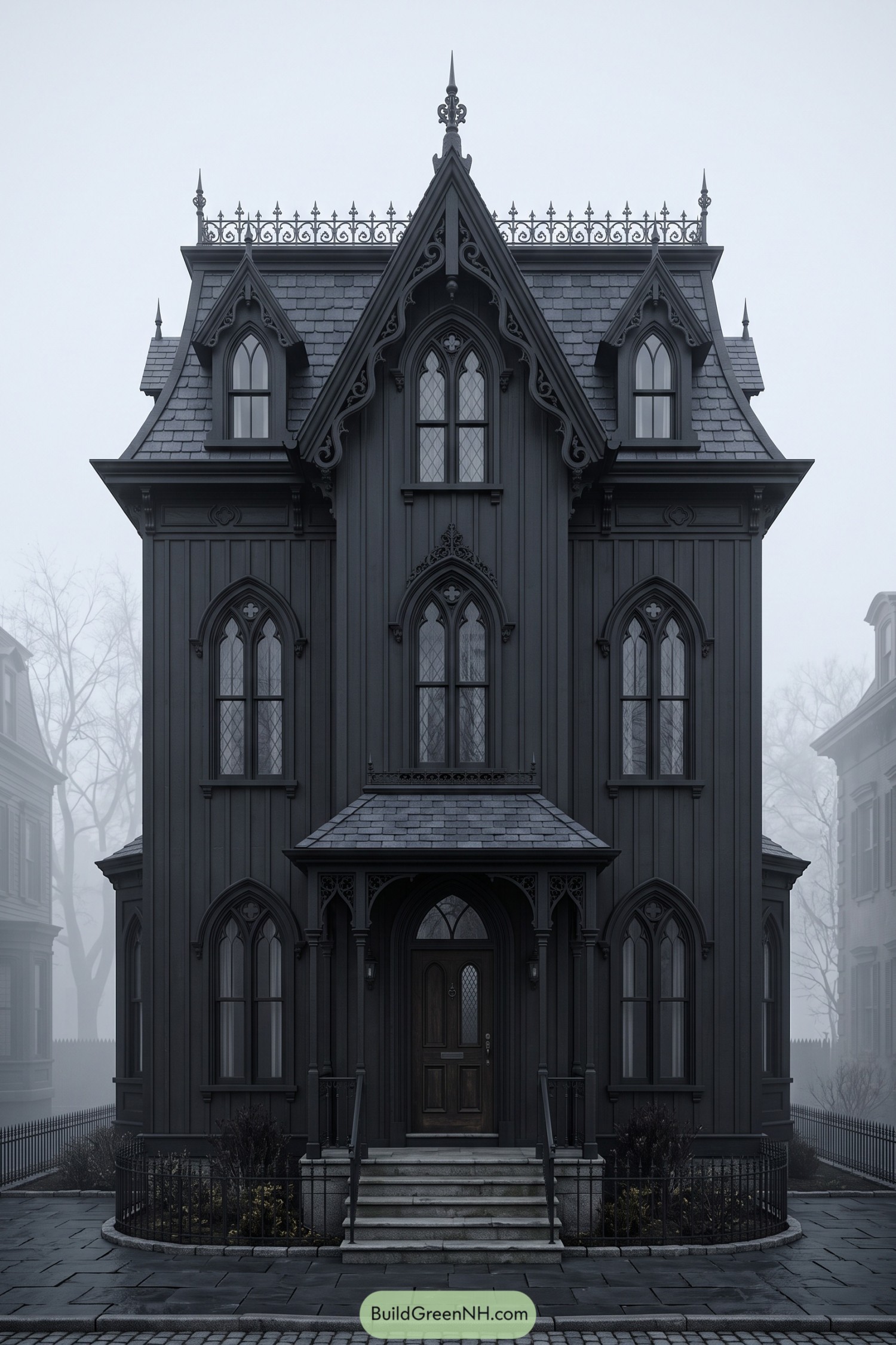 Black Gothic Revival house with pointed windows, ornate gables, roof finials, and a small covered entrance