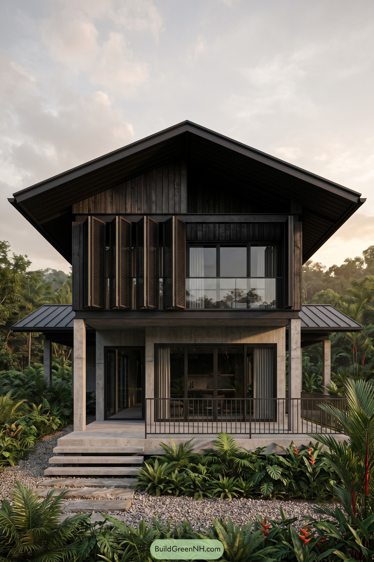 Two story black house with broad gabled eaves, folding timber shutters, a concrete porch and lush tropical planting