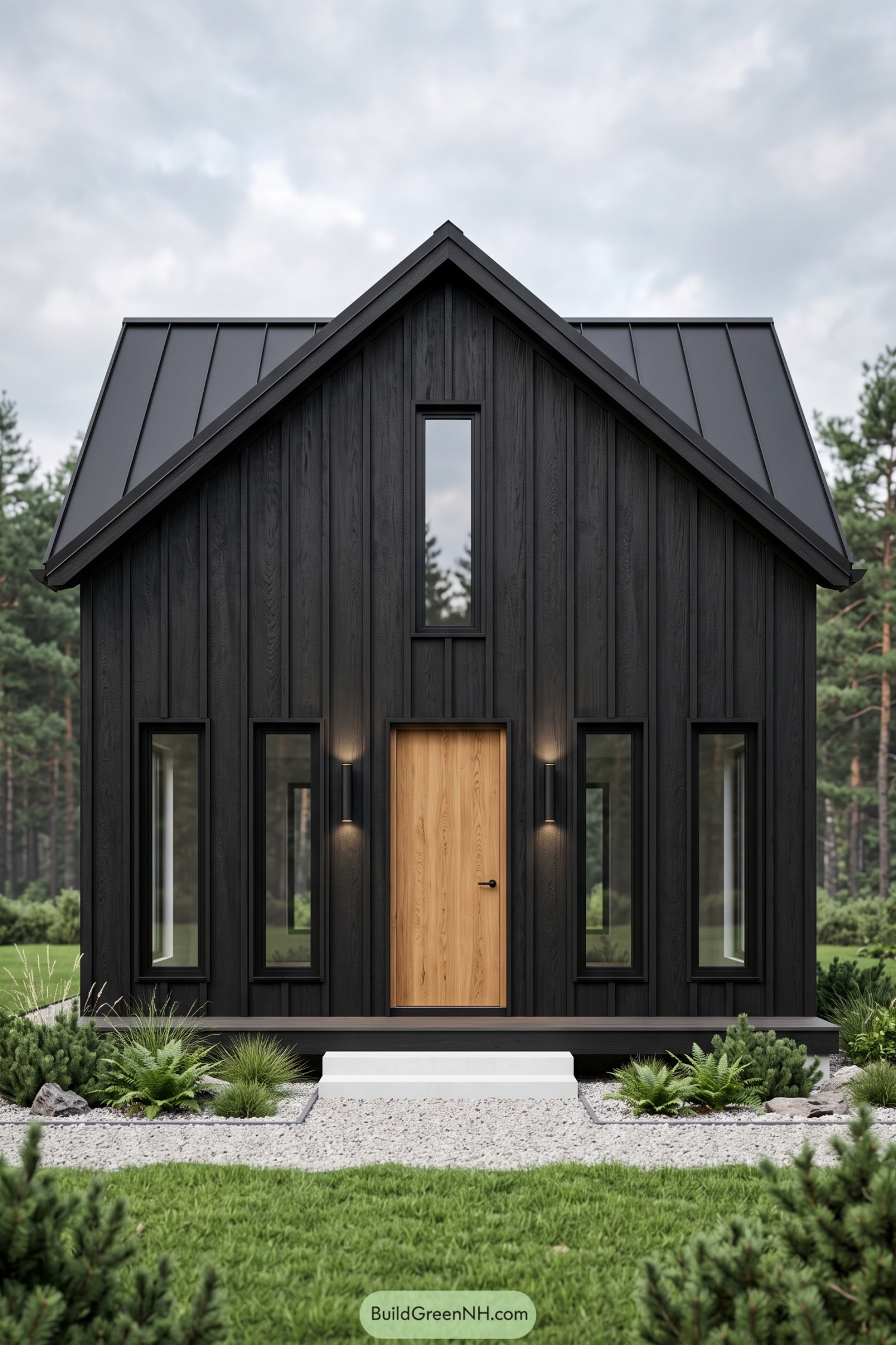 Black gabled house with vertical timber cladding, narrow windows, a natural wood door, and white entry steps