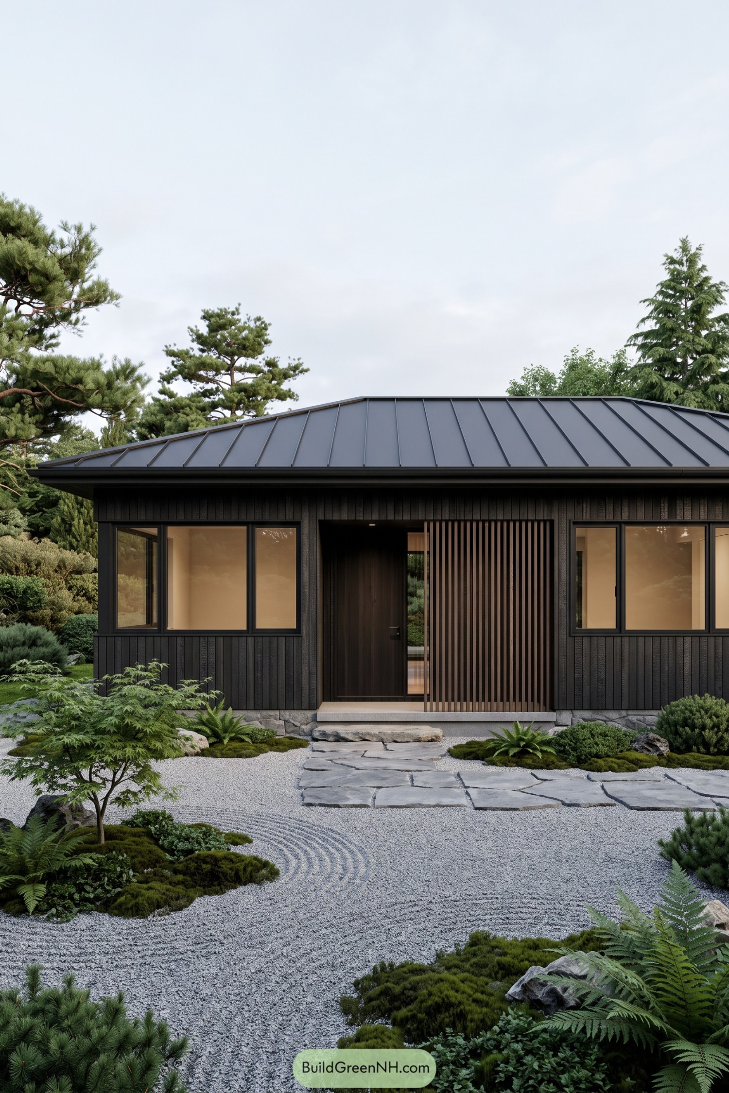 Black single story house with a metal roof, timber entry screen, and Japanese style gravel garden