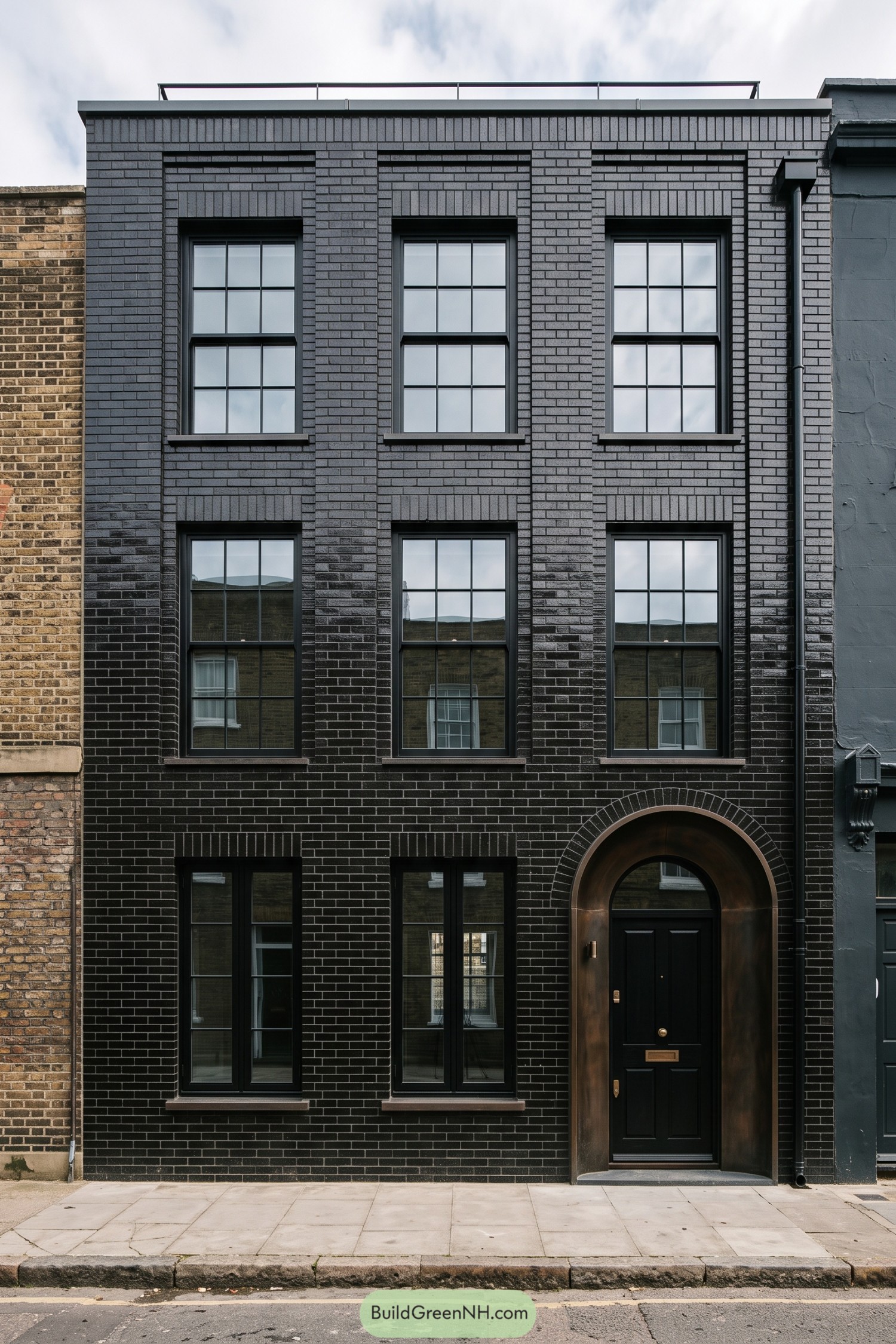 Three storey black brick townhouse with tall grid windows and a bronze toned arched entrance