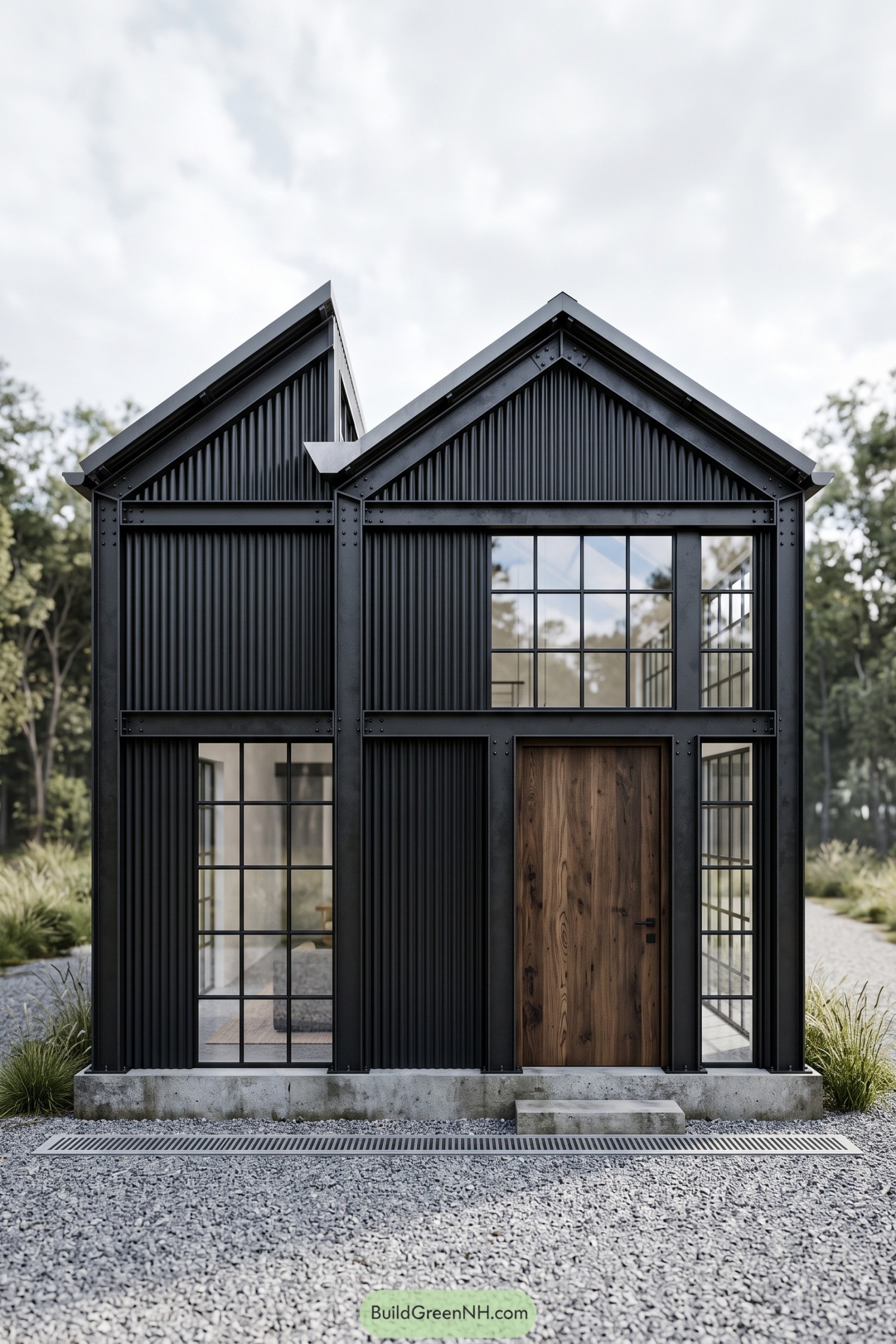 Black metal house with offset roof peaks, exposed steel framing, grid windows and a wooden front door