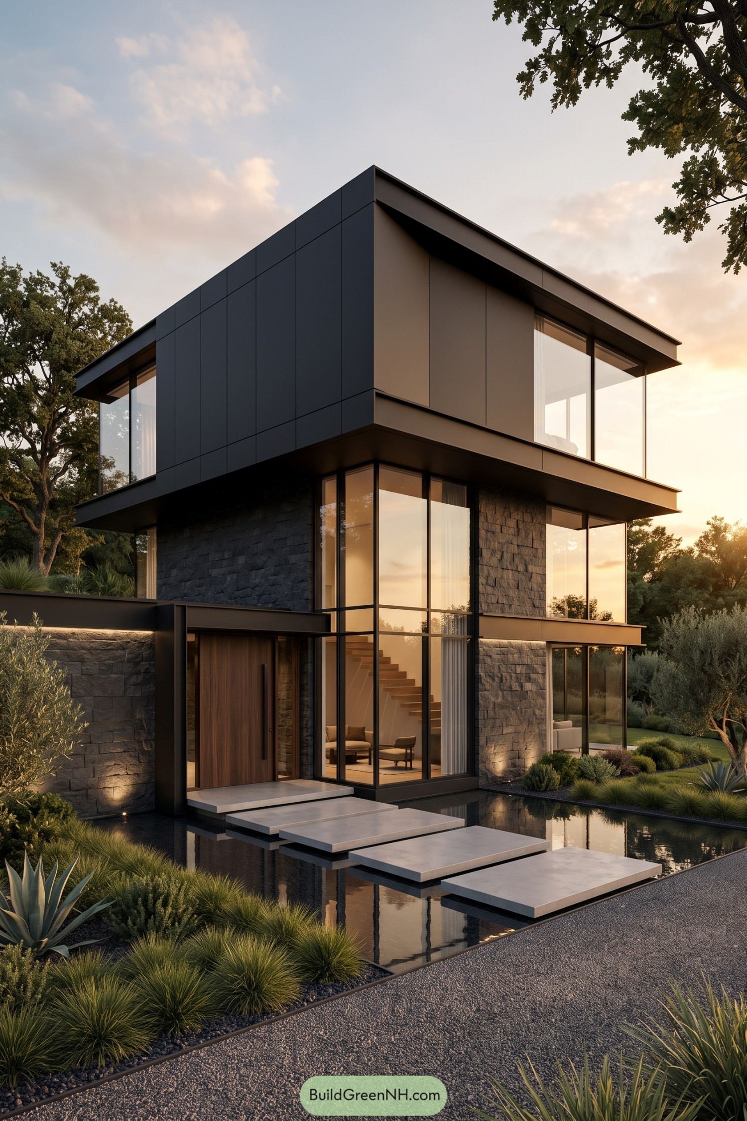 Black contemporary house with stone walls, tall corner windows, and floating entry slabs across a reflecting pool