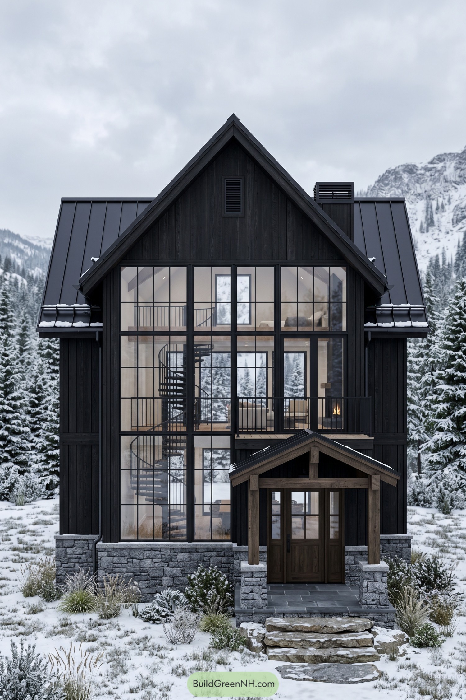 Black mountain house with a steep gable roof, tall gridded windows, stone base, and timber entrance porch