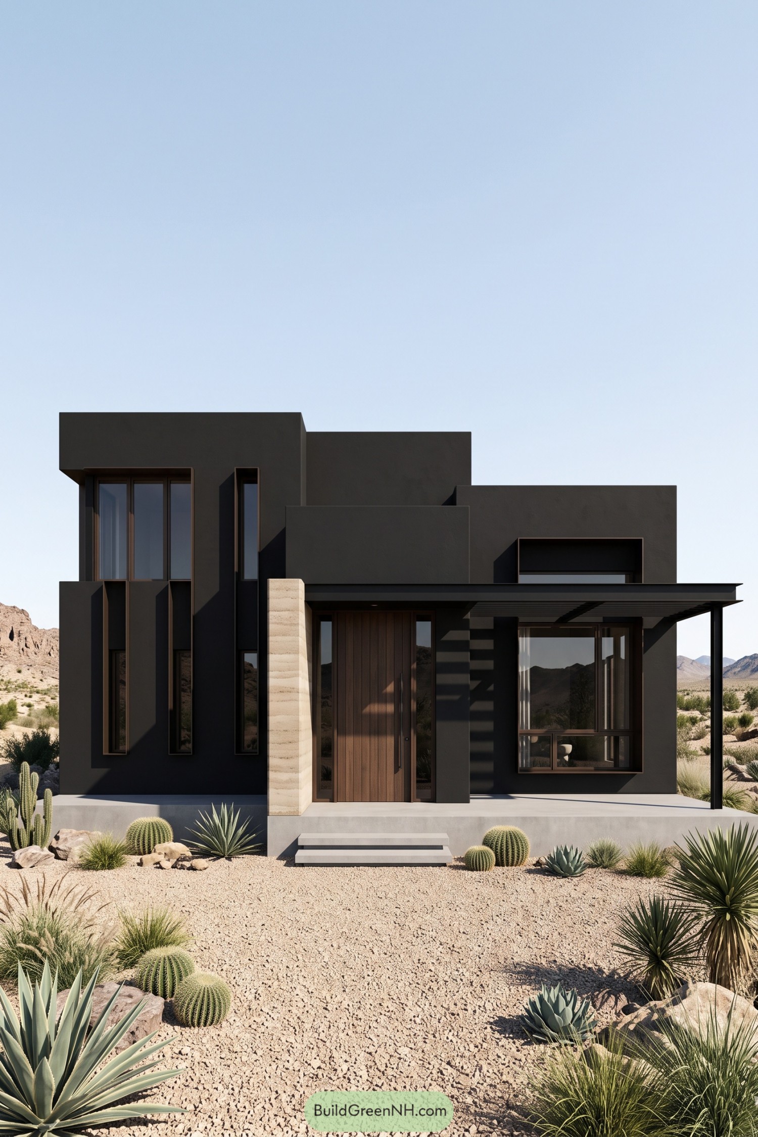 Black desert house with stepped rooflines, recessed windows, a wood entrance door, and cactus landscaping