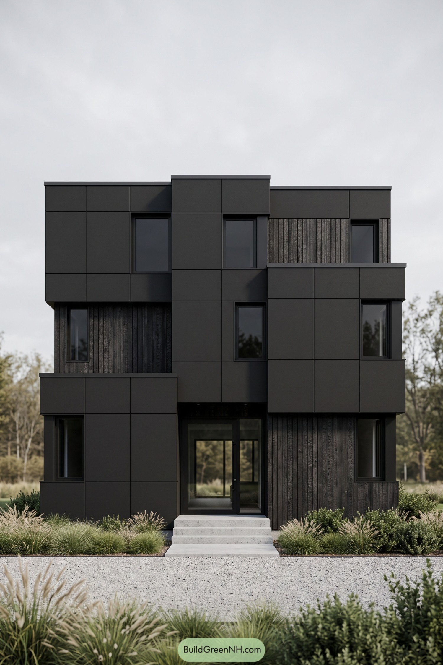 Three storey black house with projecting panelled volumes, vertical timber cladding, narrow windows and a recessed glass entrance