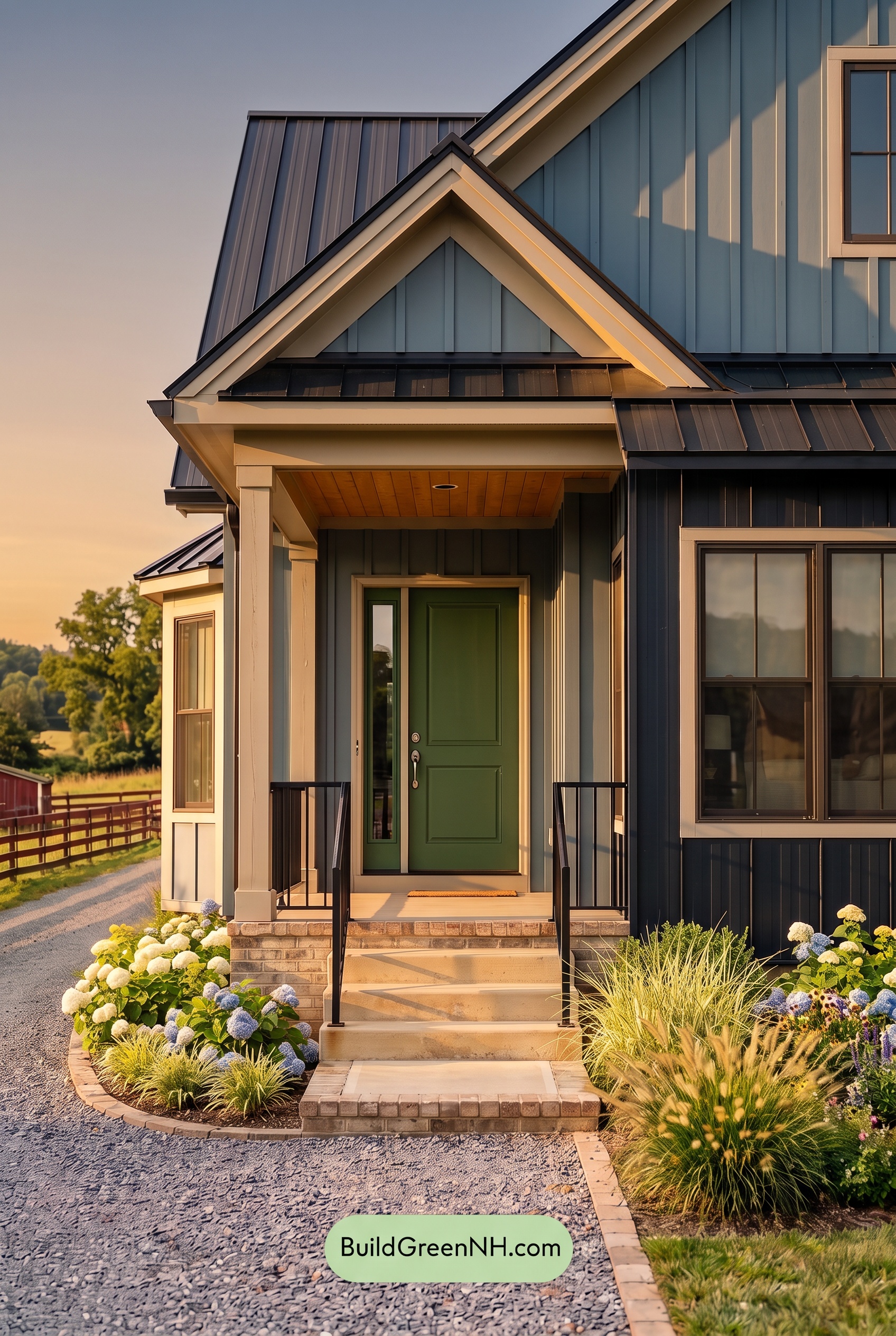 Blue House Front Door Color Scheme: Azure Fern Quiet - Golden Hour