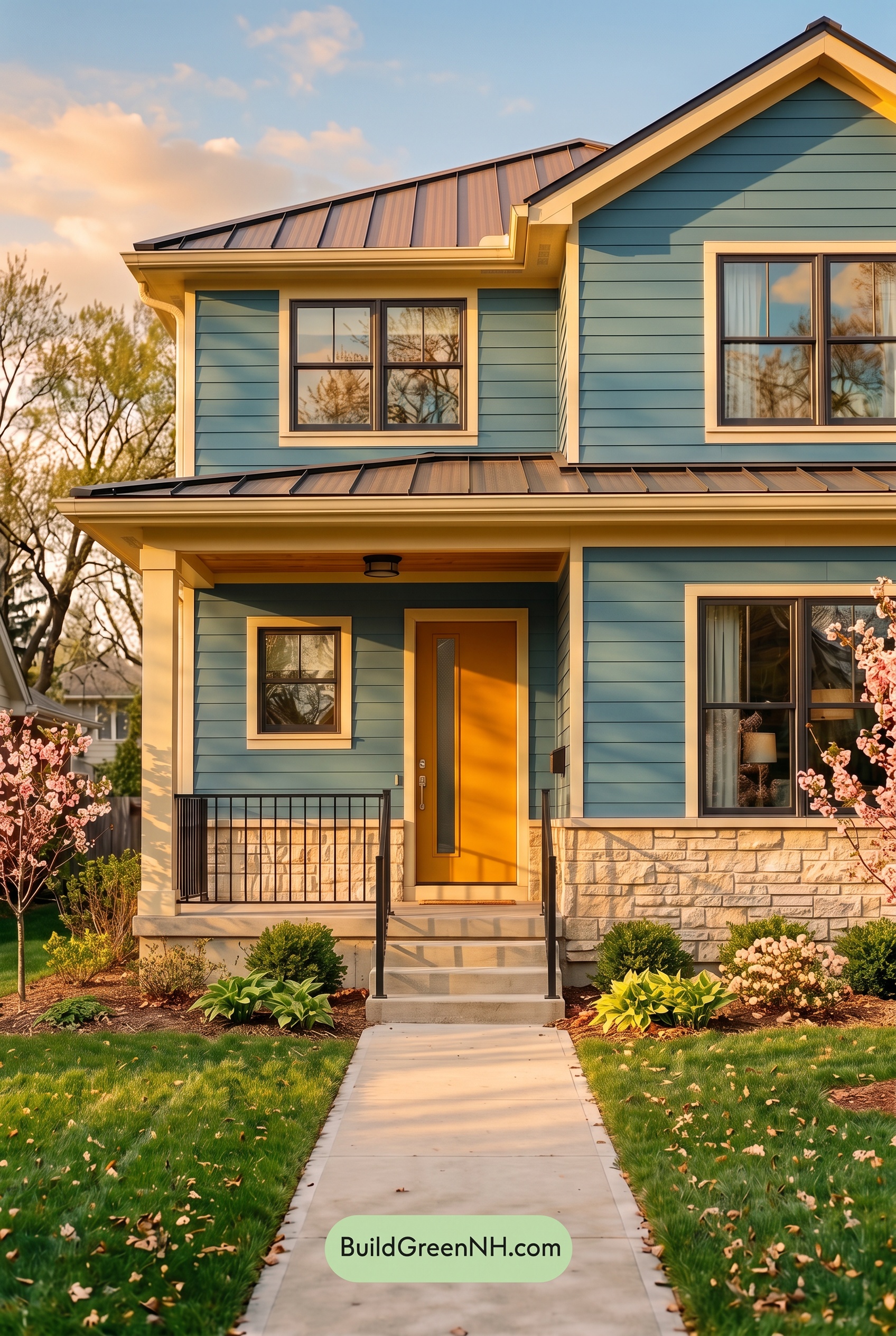 Blue House Front Door Color Scheme: Azure Marigold Welcome - Golden Hour