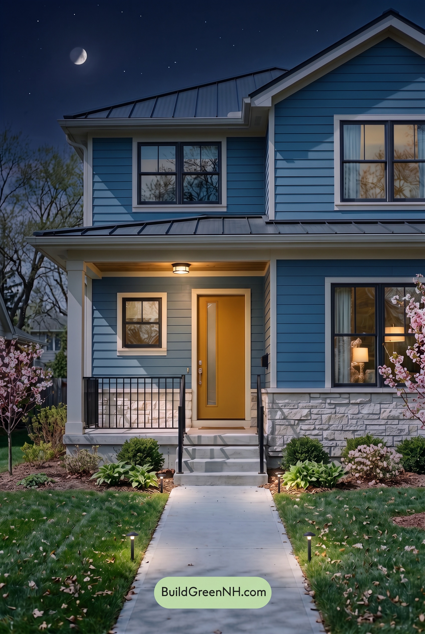Blue House Front Door Color Scheme: Azure Marigold Welcome - Nighttime