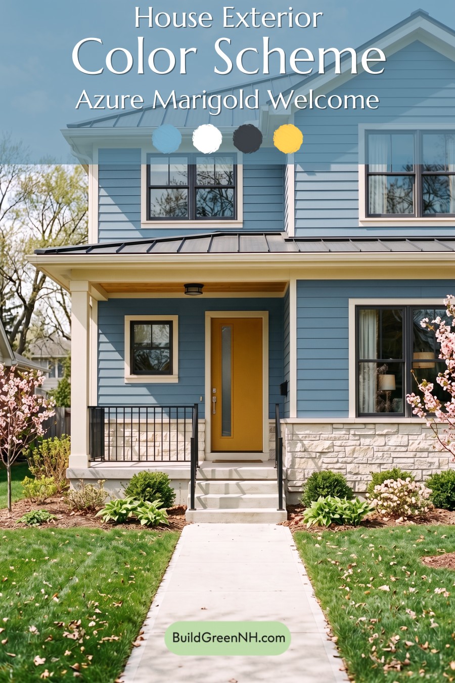 Blue House Front Door Color Scheme: Azure Marigold Welcome