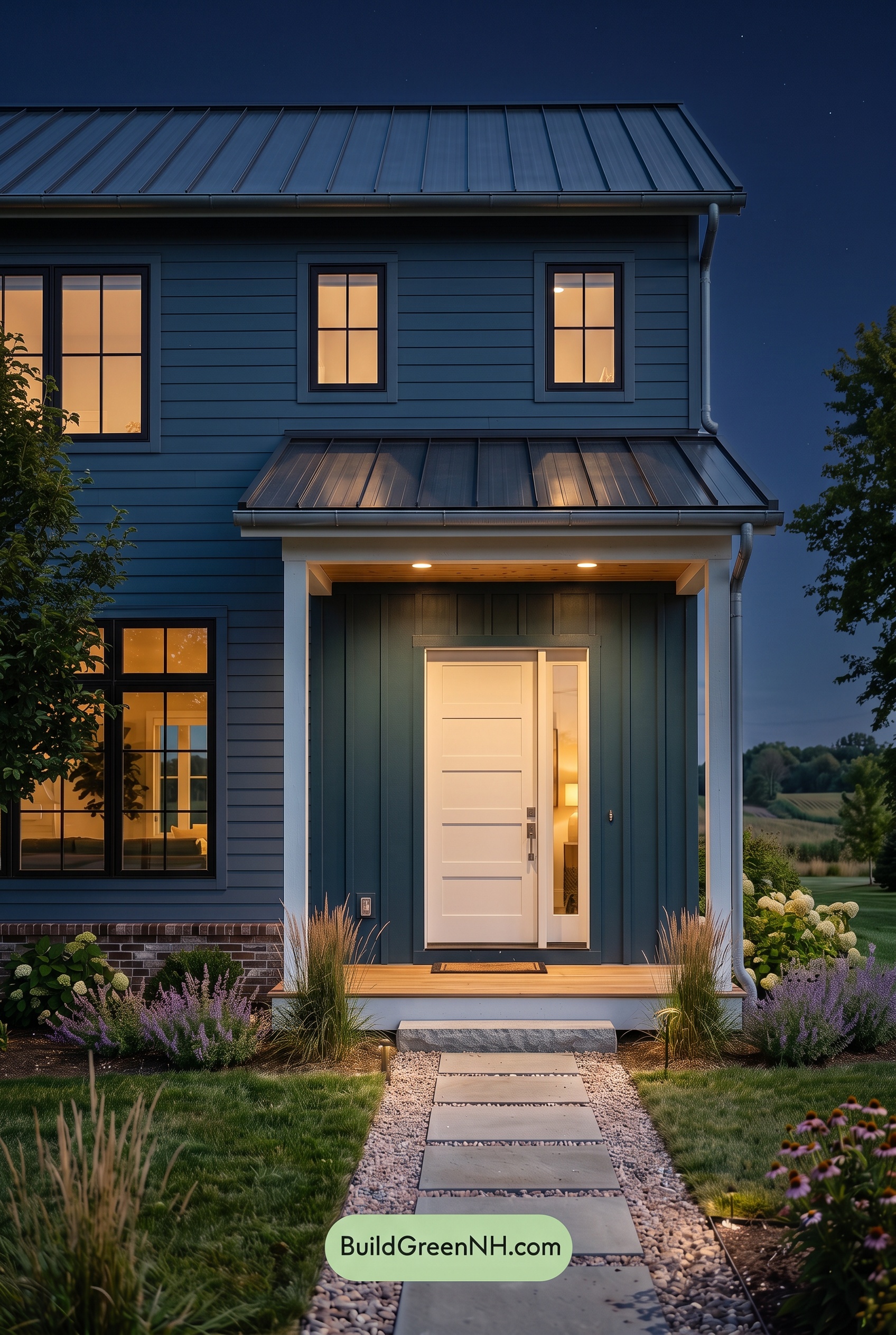 Blue House Front Door Color Scheme: Blue Steel Welcome - Nighttime
