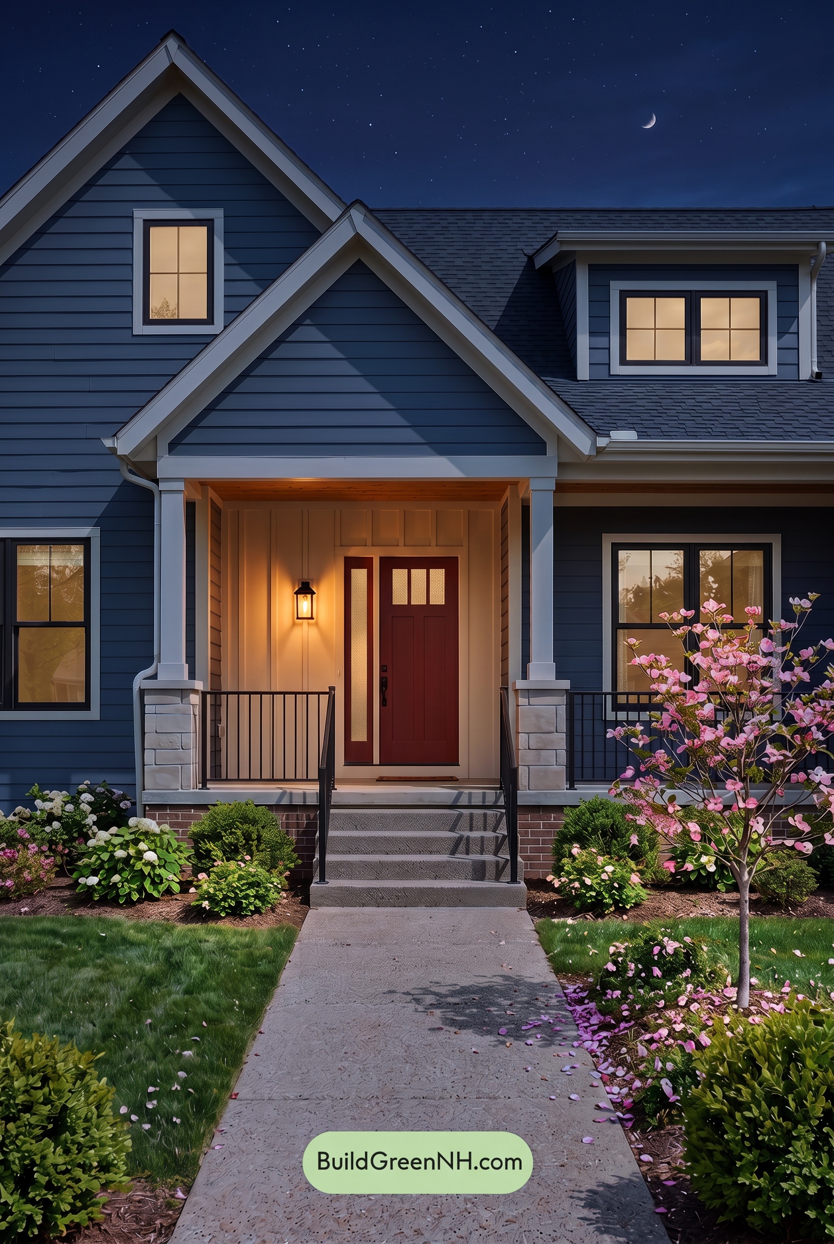 Blue House Front Door Color Scheme: Blueberry Crimson Shelter - Nighttime